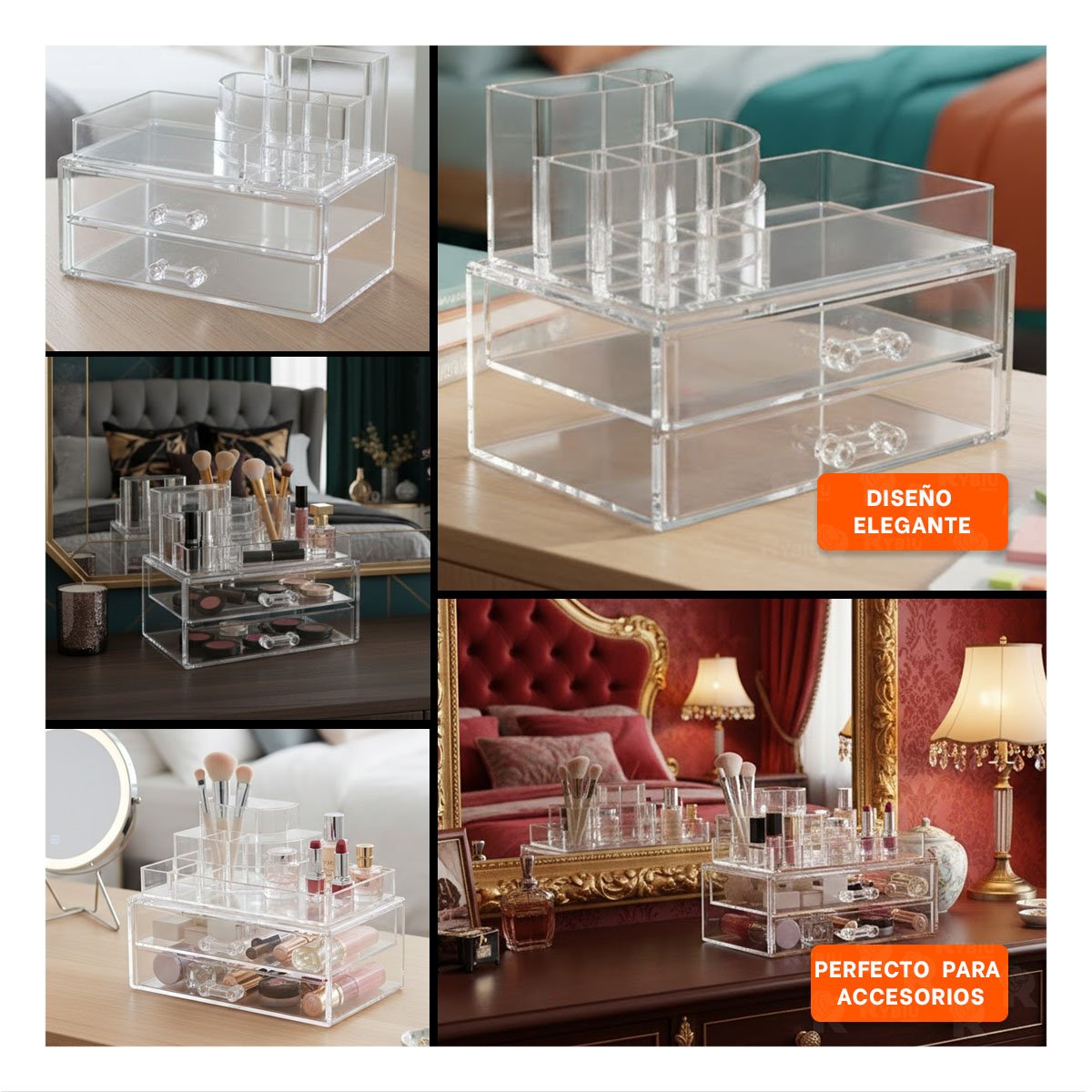 PACK2 CAJA ORGANIZADORA DE BELLEZA ACRILICA PARA USO EN CASA O NEGOCIO Y+PAPEL REGALO - 3