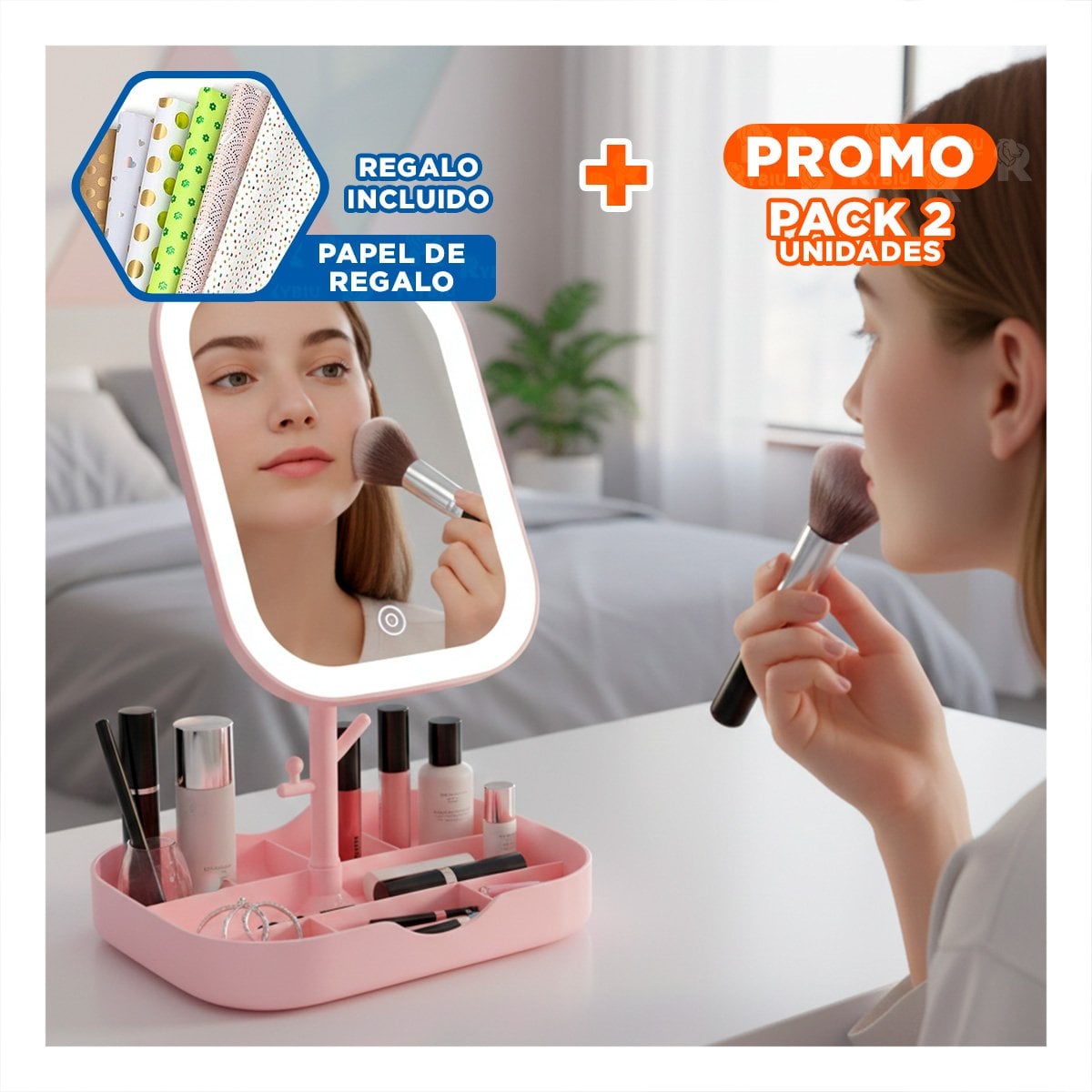 PACK2 UNIDAD DE BELLEZA LED CUADRADO ROSADO CON BASE ESTABLE Y+PAPEL REGALO - 1