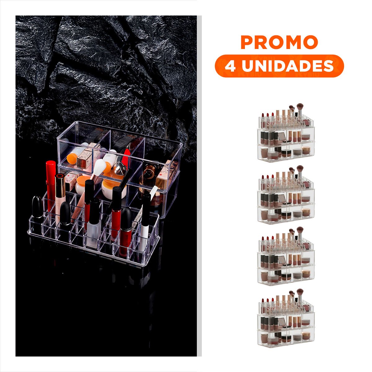 PACK4 CONTENEDOR ORGANIZADOR ACRILICO 2 PISOS 3 DIV 9 LABIALES TRANSPARENTE Y+REGALO STICKER - 1