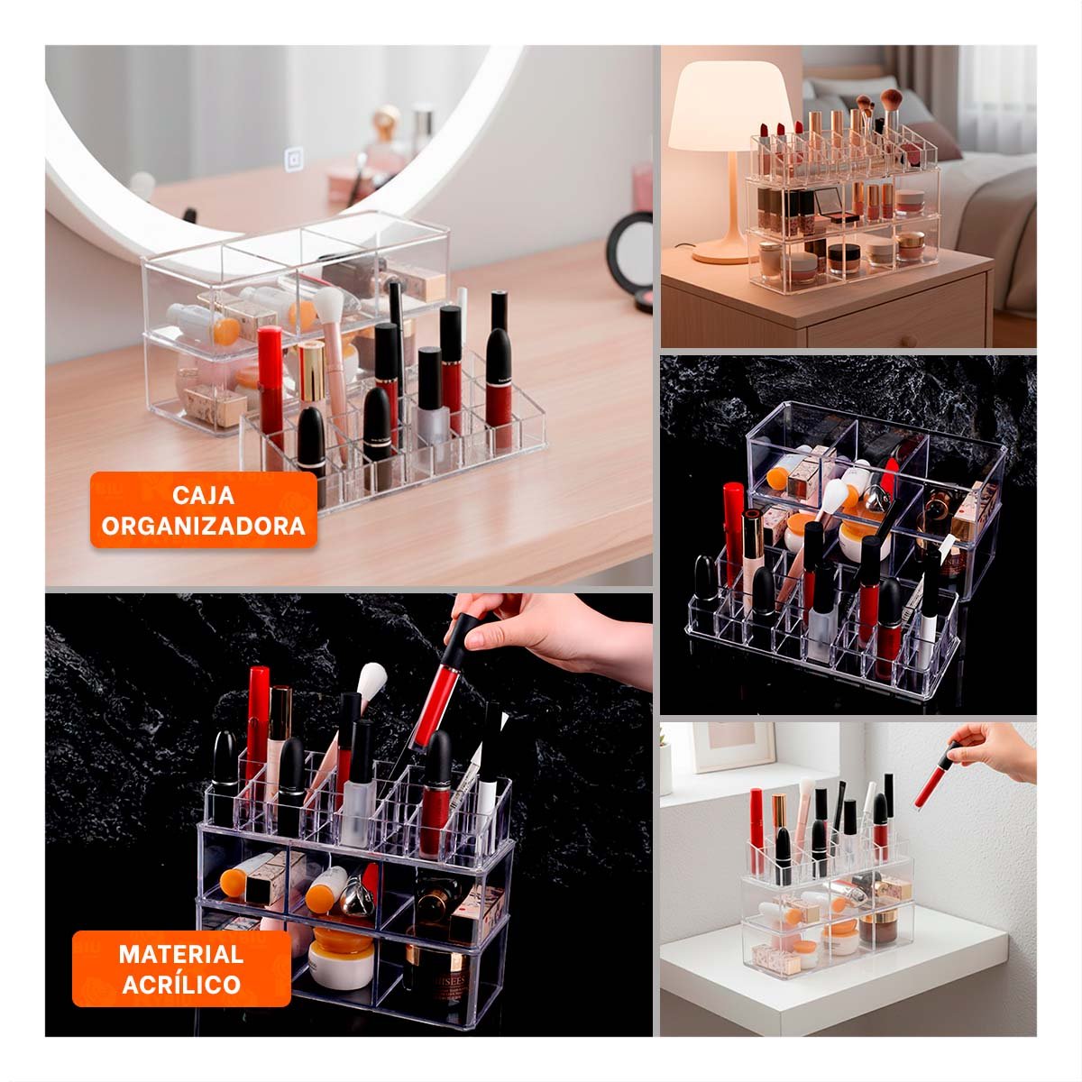 PACK4 CONTENEDOR ORGANIZADOR ACRILICO 2 PISOS 3 DIV 9 LABIALES TRANSPARENTE Y+REGALO STICKER - 2