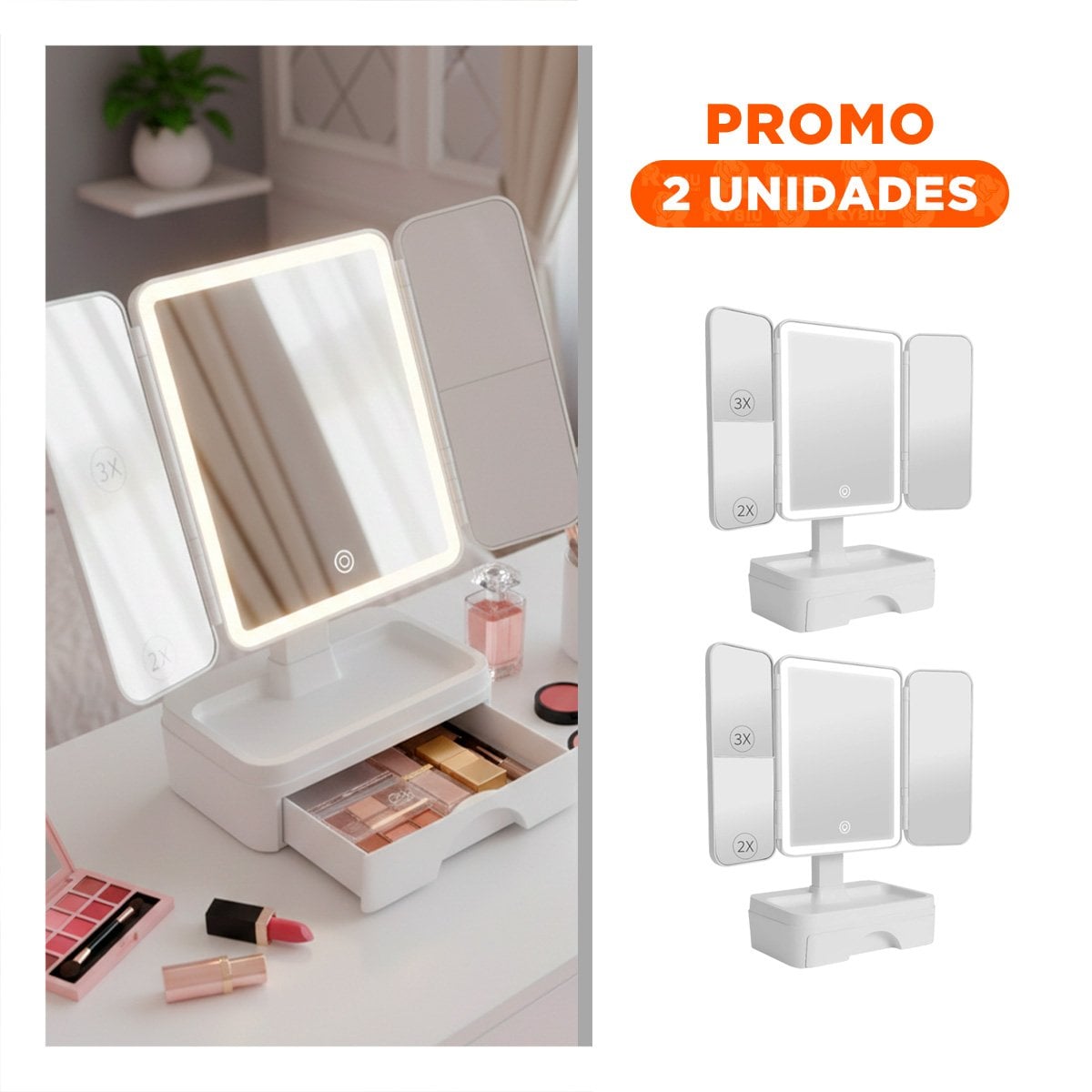 PACK2 ESTACION DE MAQUILLAJE LED TRIPLE BLANCO CON CAJON DE ALMACENAJE - 1