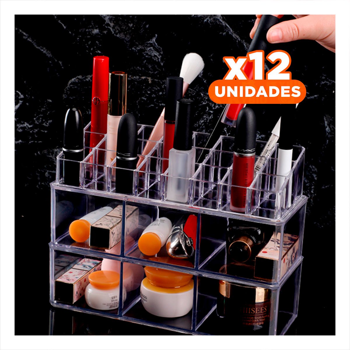 PACK12 CONTENEDOR ORGANIZADOR DE MESA ACRILICO 2 PISOS 3 DIVISIONES 9 LABIALES TRANSPARENTE - 1