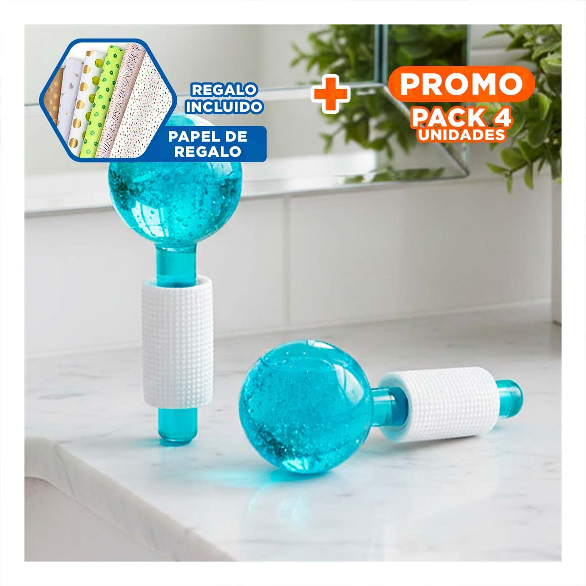 PACK4 APLICADOR FACIAL CON GLOBOS DE HIELO CELESTE PAR PARA RUTINA DIARIA Y+PAPEL REGALO - 1