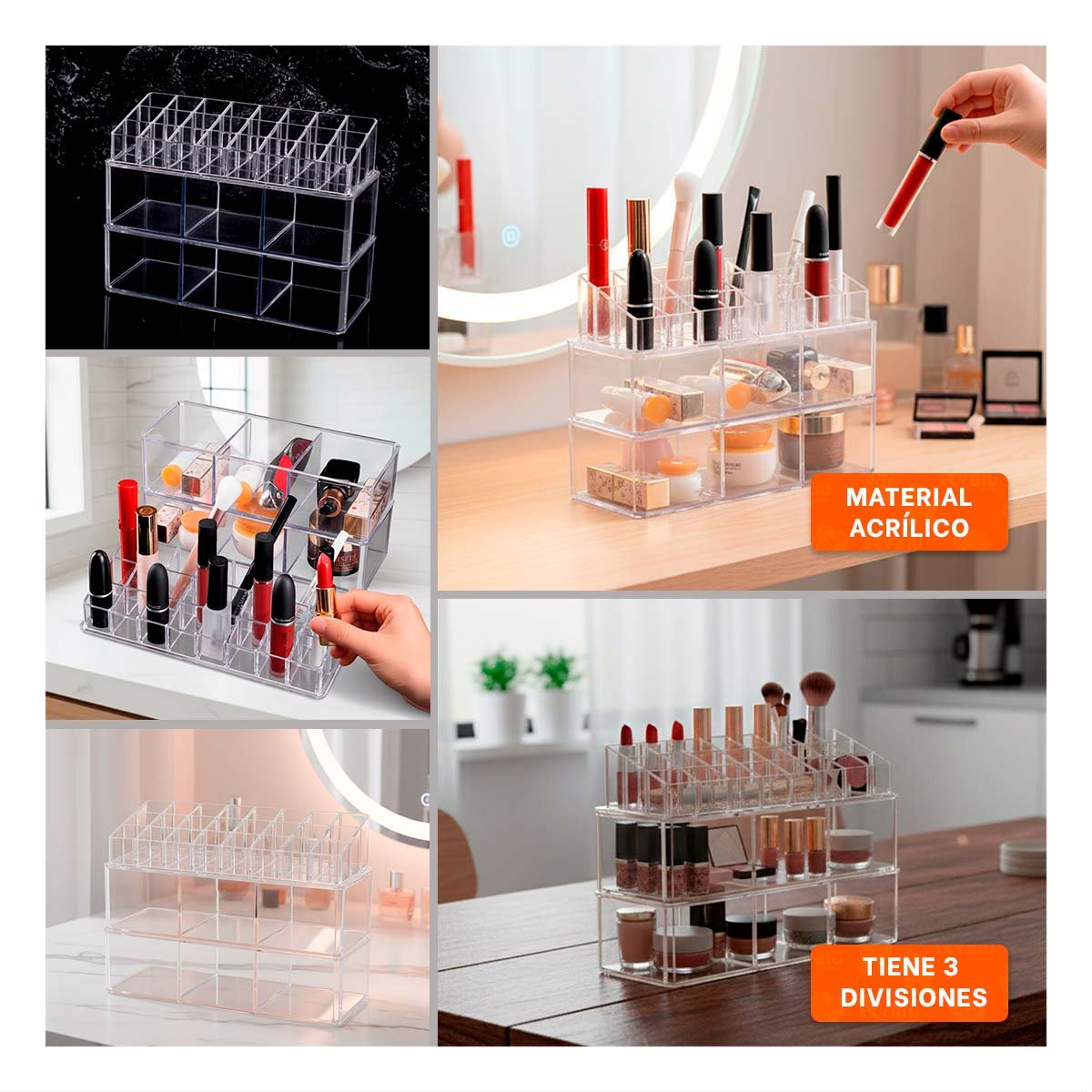 ESTUCHE PARA LABIALES DE ACRILICO 2 PISOS 3 DIVISIONES TRANSPARENTE Y+LIGAS REGALO - 5