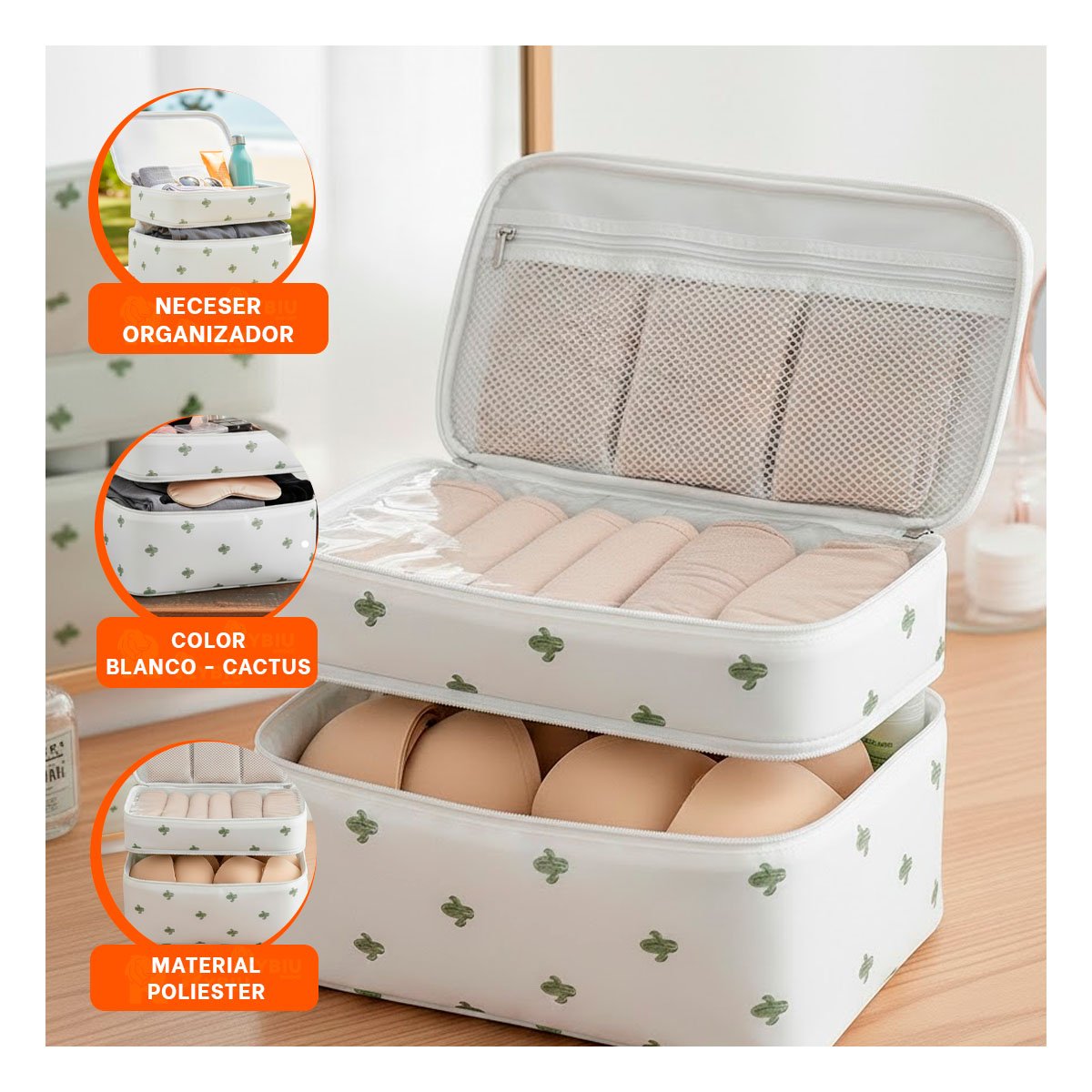 PORTACOSMETICOS CON 4 ESPACIOS 30X16X17CM PARA VIAJE BLANCO CACTUS Y+LIGAS REGALO - 2