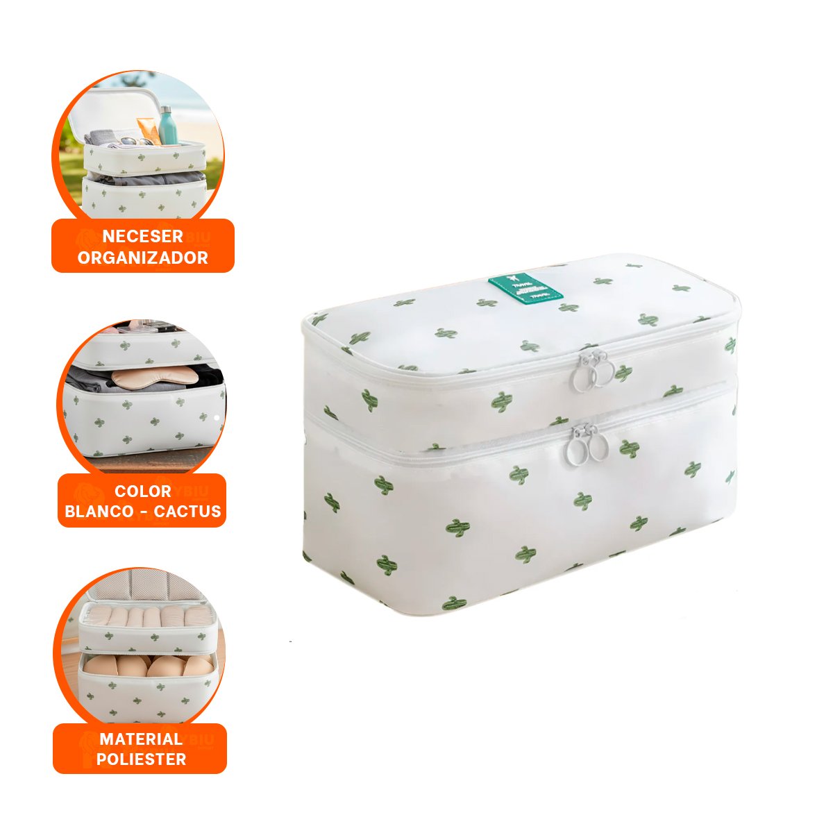 PORTACOSMETICOS CON 4 ESPACIOS 30X16X17CM PARA VIAJE BLANCO CACTUS Y+LIGAS REGALO - 3