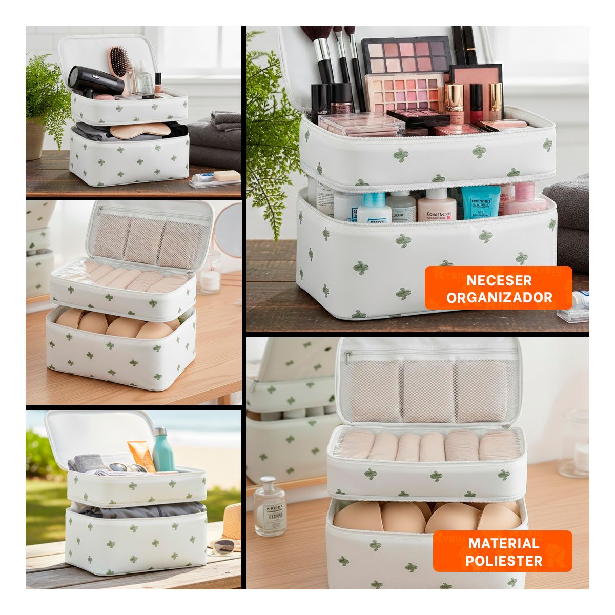 PORTACOSMETICOS CON 4 ESPACIOS 30X16X17CM PARA VIAJE BLANCO CACTUS Y+LIGAS REGALO - 5