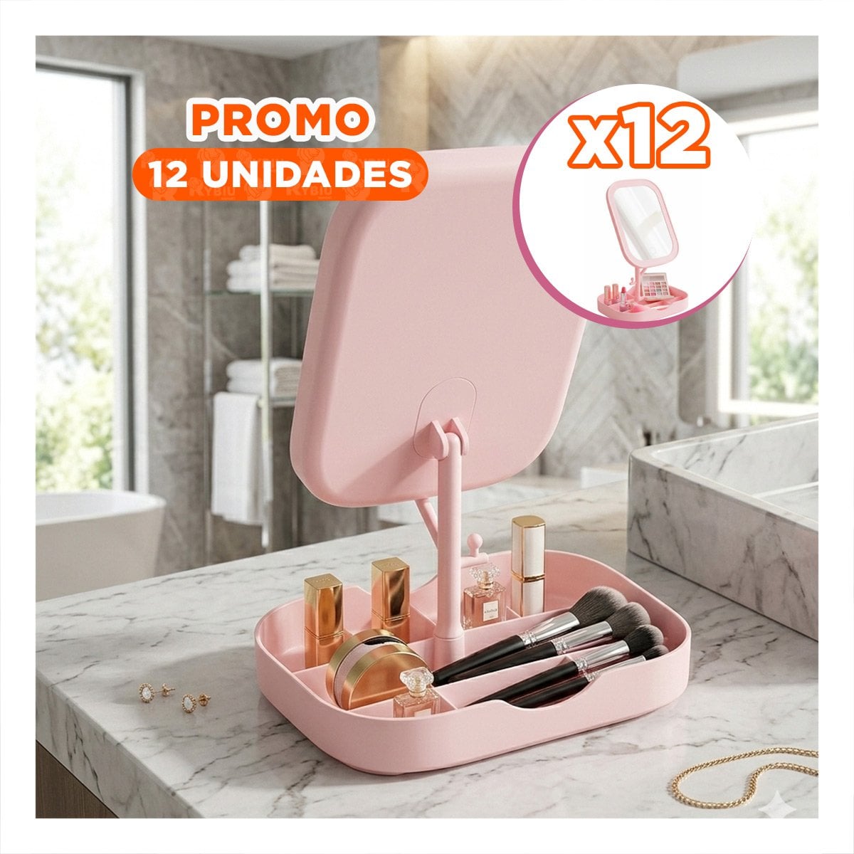 PACK12 MODULO DE MAQUILLAJE LED CUADRADO ROSADO CON BASE DIVIDIDA - 1