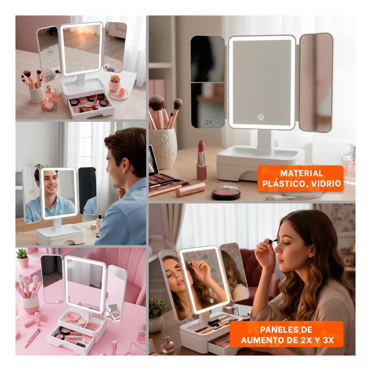 KIT TOCADOR CON LUZ LED TRIPLE BLANCO Y CAJON ORGANIZADOR DE MESA Y+POST IT - 1