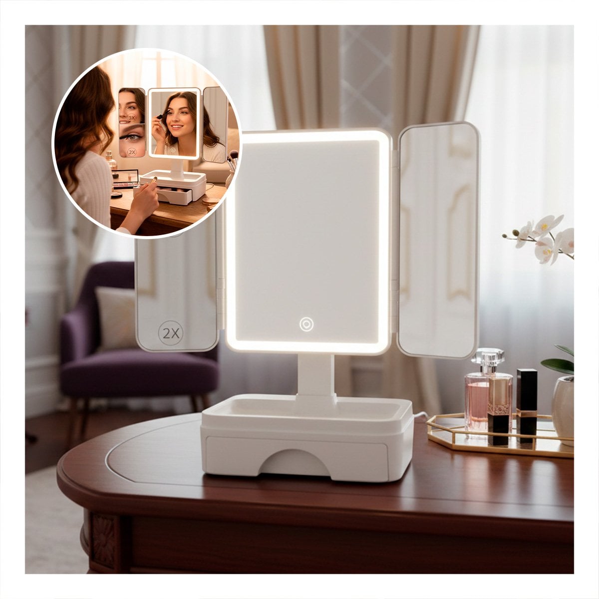 KIT TOCADOR CON LUZ LED TRIPLE BLANCO Y CAJON ORGANIZADOR DE MESA Y+POST IT - 2