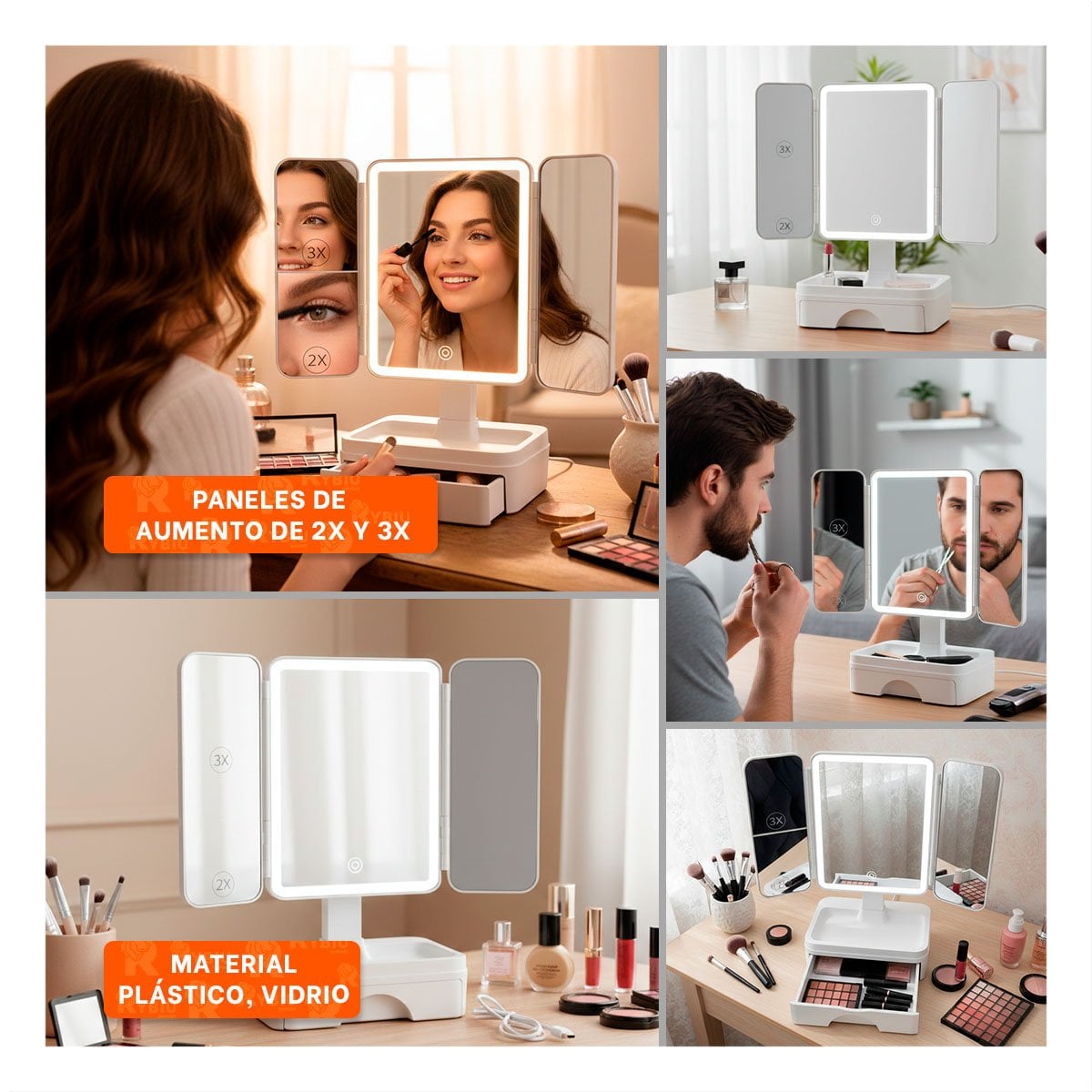 KIT TOCADOR CON LUZ LED TRIPLE BLANCO Y CAJON ORGANIZADOR DE MESA Y+POST IT - 5