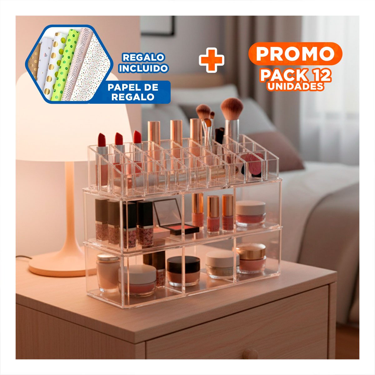 PACK12 ESTUCHE ORGANIZADOR DE MESA ACRILICO 2 PISOS 3 DIVISIONES 9 LABIALES Y+PAPEL REGALO - 1