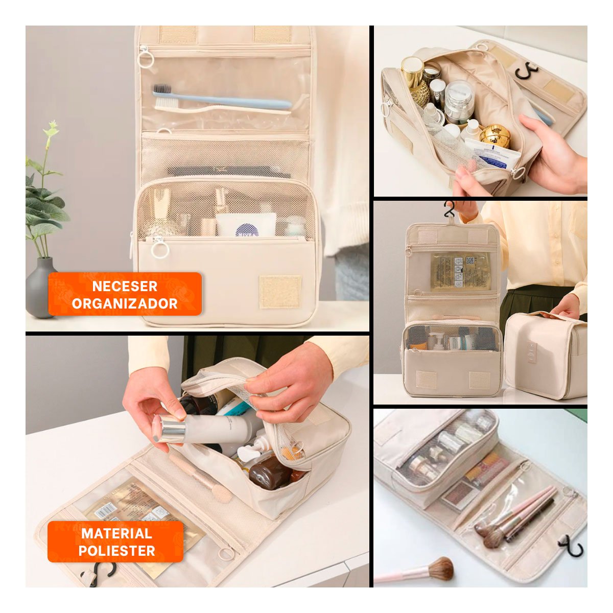 PACK4 COSMETIQUERO 24X8X19 CM BEIGE COMPACTO CON GANCHO PARA COLGAR FACILMENTE Y+REGALO STICKER - 2