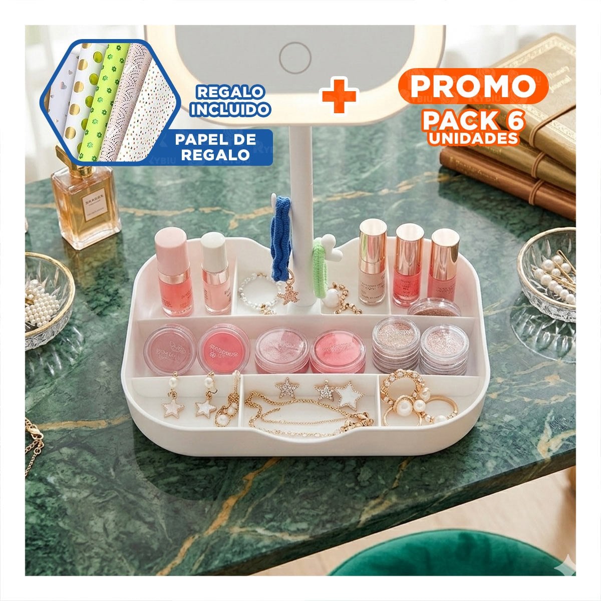 PACK6 CENTRO DE BELLEZA LED CUADRADO BLANCO CON COMPARTIMENTOS MULTIUSO Y+PAPEL REGALO - 1