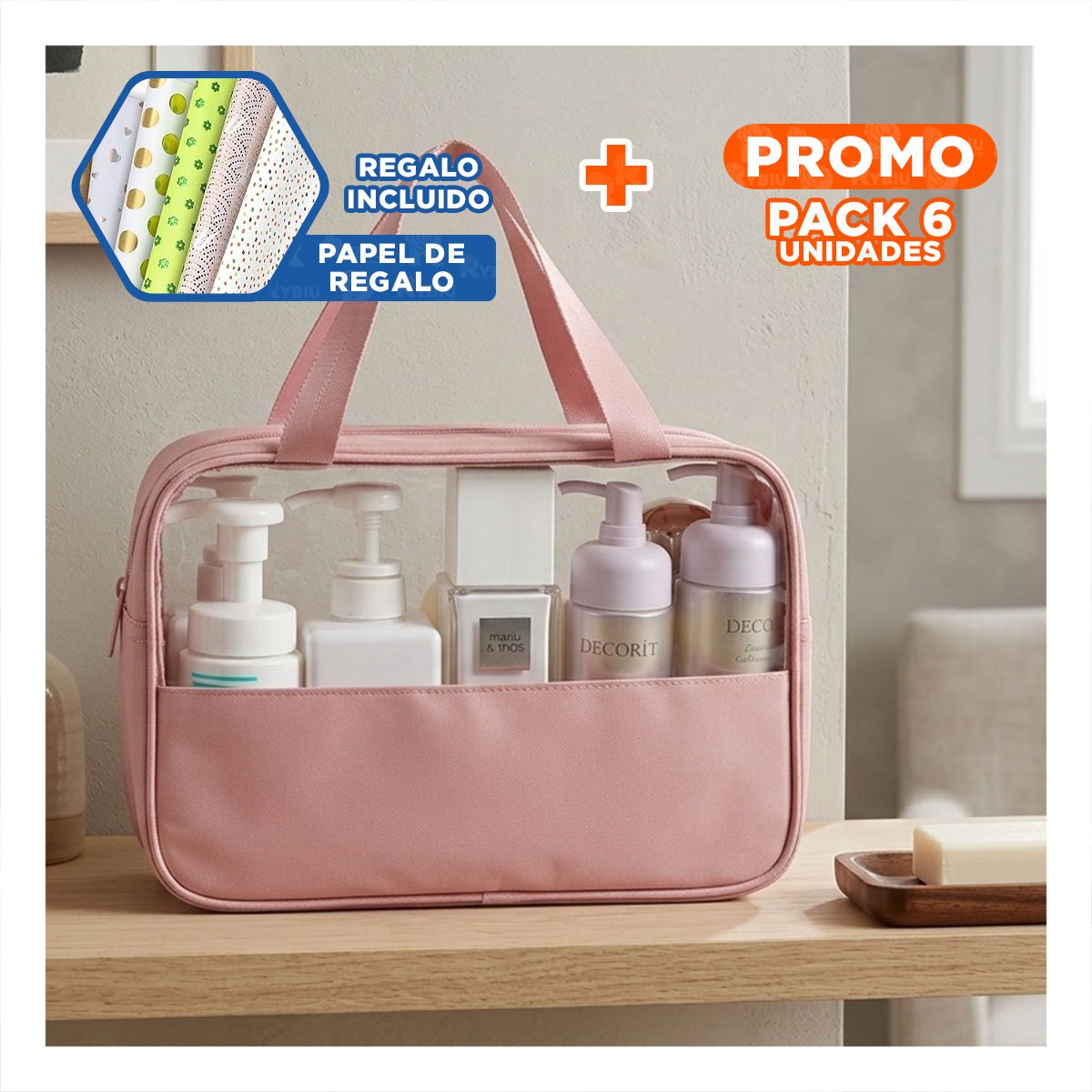 PACK6 IMPLEMENTO NECESER RECTANGULAR CON ASAS ROSADO COMPETENCIA Y+PAPEL REGALO - 1