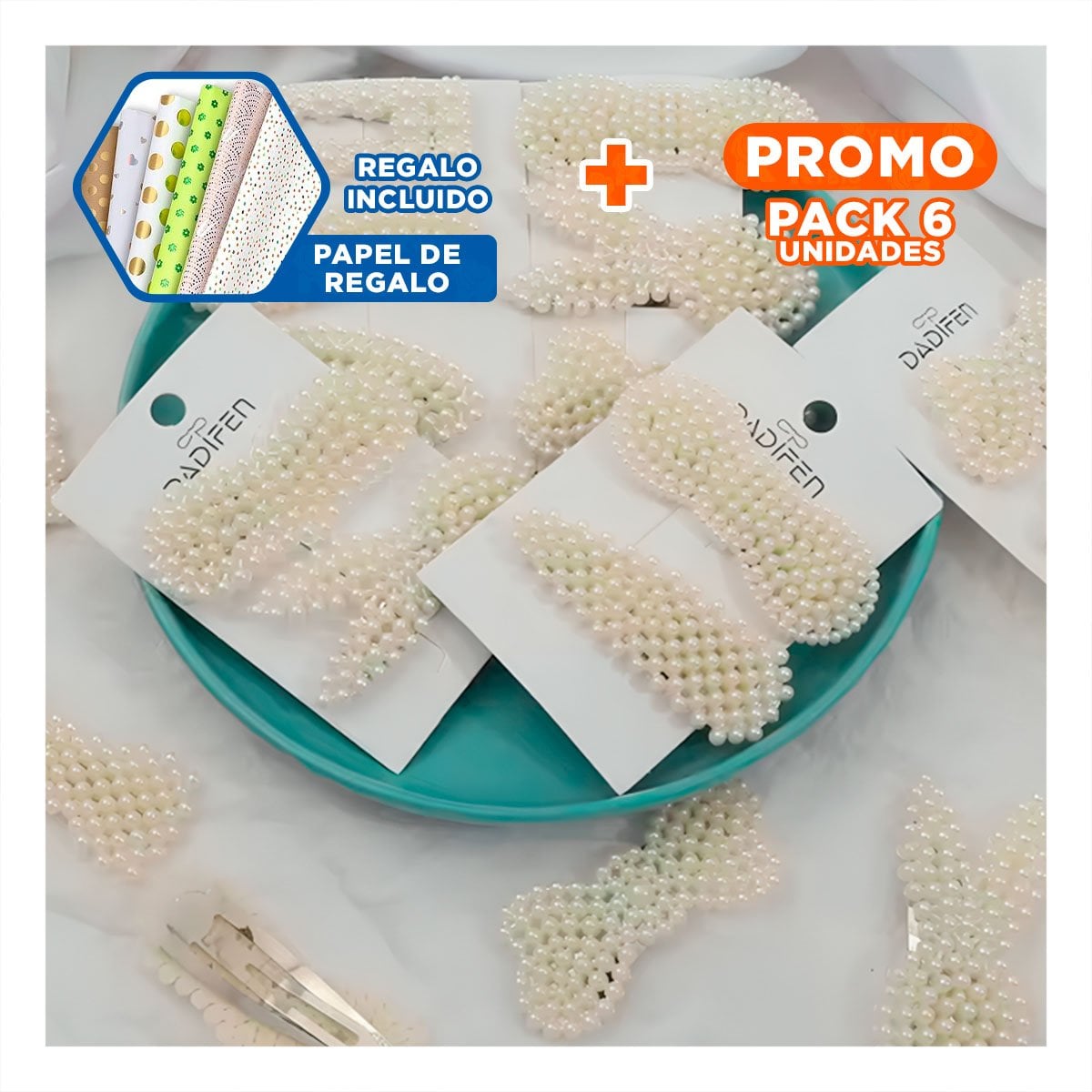 PACK6 GANCHOS 6 DE CABELLO CON PERLAS BEIGE MODA ELEGANTE Y+PAPEL REGALO - 1