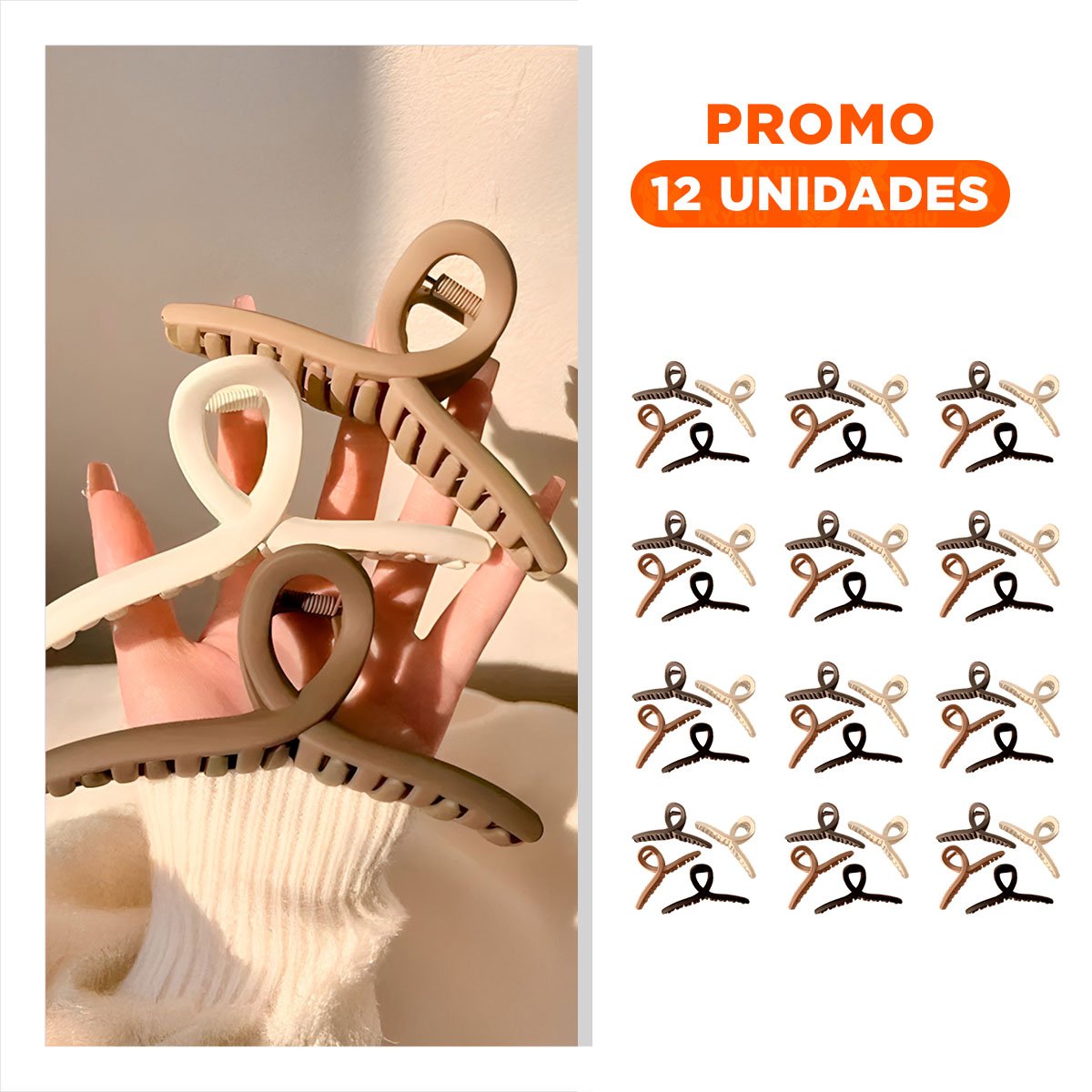 PACK12 KIT 4 CLIPS DE CABELLO CASUAL FORMA E EN NEGRO MARRON BEIGE Y+REGALO STICKER - 1