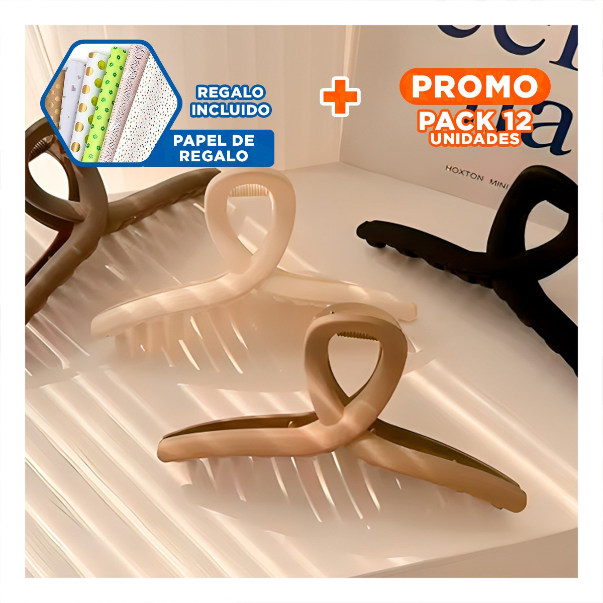 PACK12 KIT 4 PINZAS DE CABELLO CASUAL FORMA E EN NEGRO MARRON BEIGE Y+PAPEL REGALO - 1