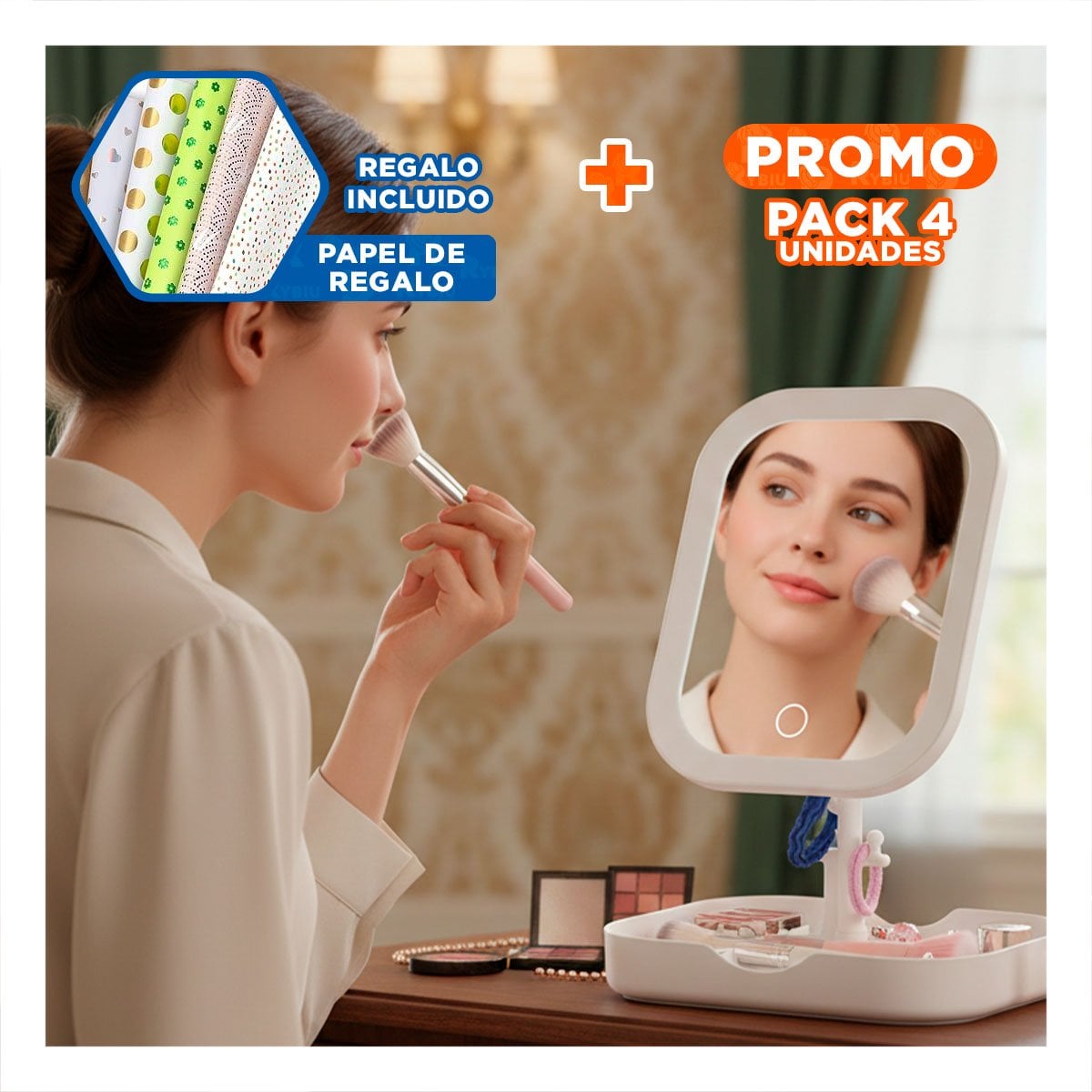 PACK4 KIT DE BELLEZA CON LUZ LED CUADRADA BLANCA Y BASE DIVIDIDA Y+PAPEL REGALO - 1