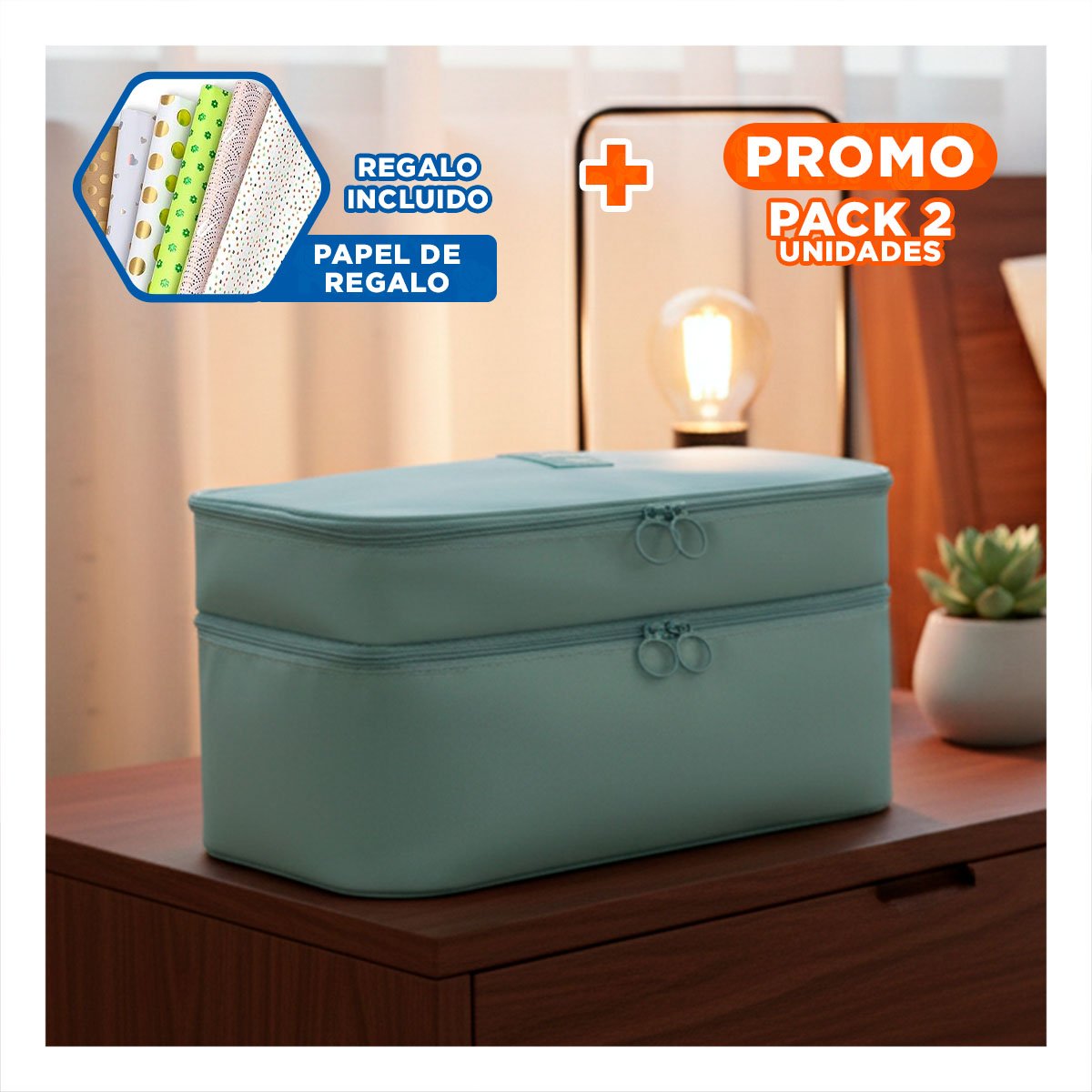 PACK2 NECESER PRACTICO 4 ESPACIOS 30X16X17CM CELESTE PARA HOGAR Y+PAPEL REGALO - 1