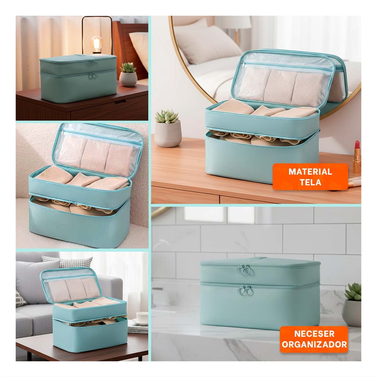 PACK2 NECESER PRACTICO 4 ESPACIOS 30X16X17CM CELESTE PARA HOGAR Y+PAPEL REGALO - 3