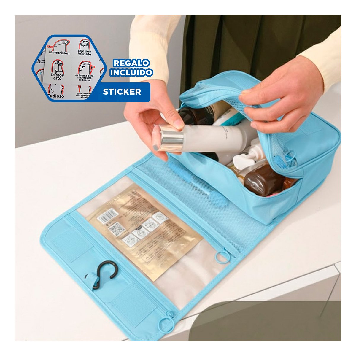 ESTUCHE COLGABLE 24X8X19 CM CELESTE CLARO CON MEDIDAS FACIL DE TRANSPORTAR Y+REGALO STICKER - 1