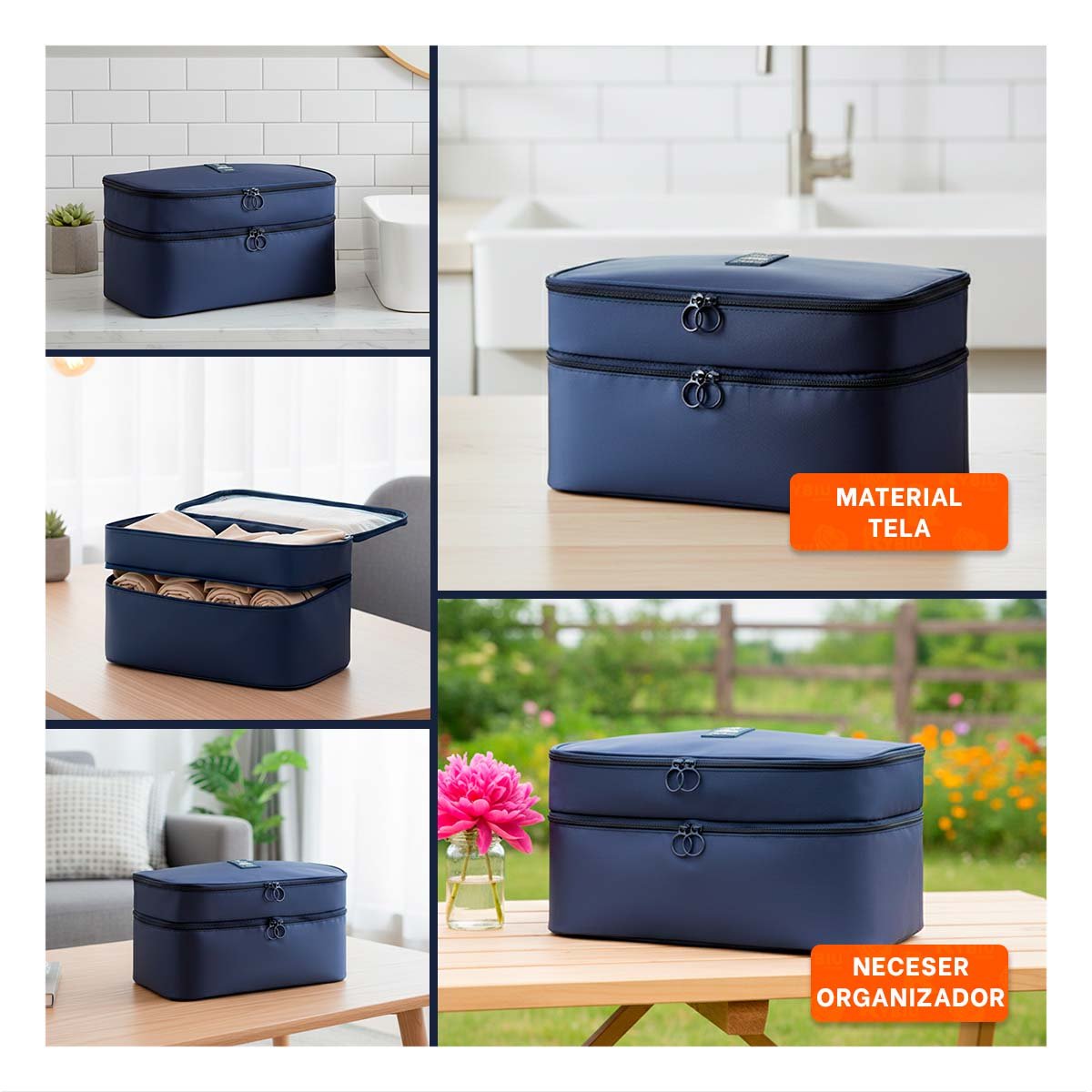 ESTUCHE DE VIAJE 4 ESPACIOS 30X16X17CM AZUL PARA ACCESORIOS Y+LIGAS REGALO - 5