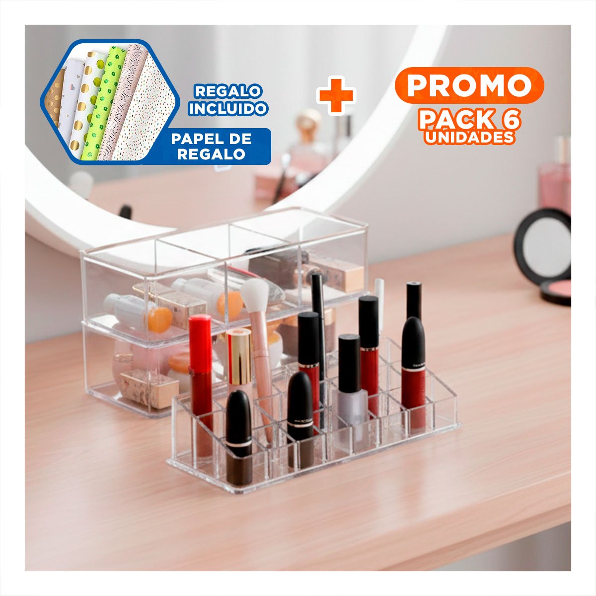 PACK6 ORGANIZADOR DE MESA ACRILICO 2 PISOS 3 DIVISIONES 9 LABIALES TRANSPARENTE Y+PAPEL REGALO - 1