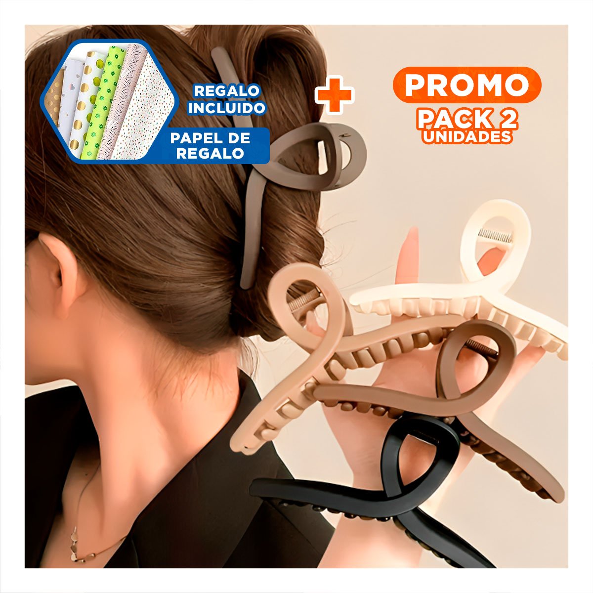 PACK2 KIT DE 4 ACCESORIOS DE CABELLO FORMA E EN NEGRO MARRON BEIGE Y+PAPEL REGALO - 1