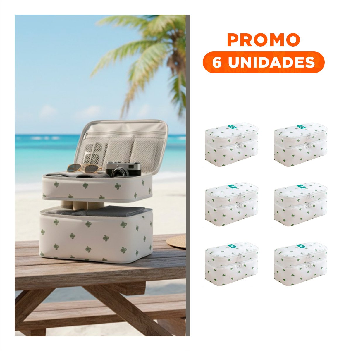 PACK6 KIT DE VIAJE 4 ESPACIOS 30X16X17CM PARA COSMETICOS BLANCO CACTUS - 1