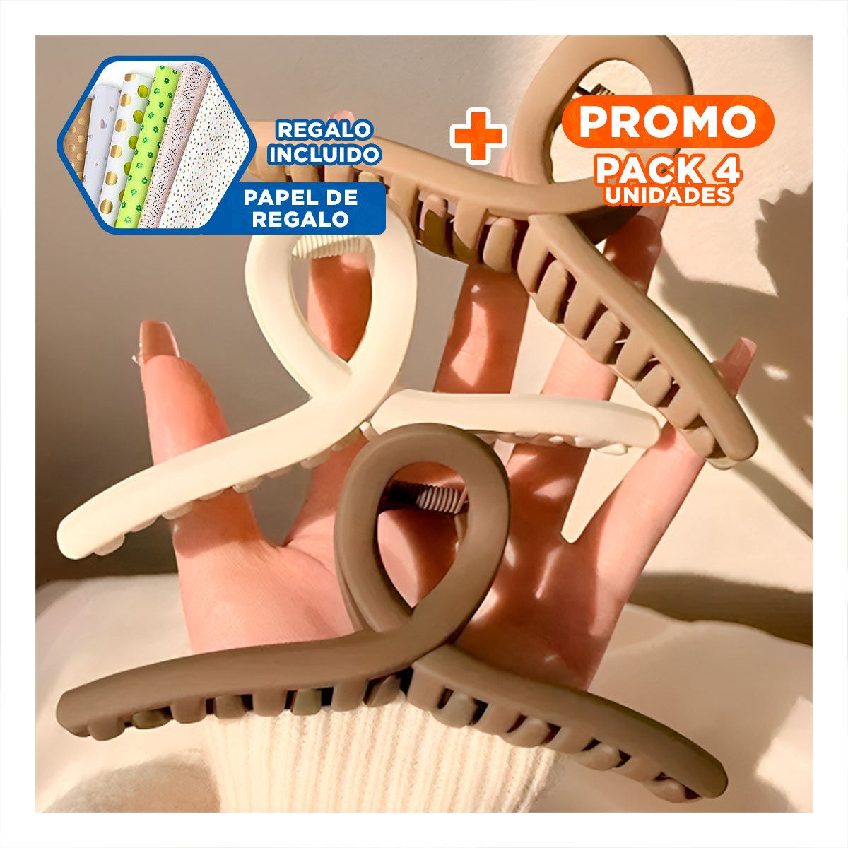 PACK4 CONJUNTO 4 BROCHES DE CABELLO ELEGANTES FORMA E EN NEGRO MARRON BEIGE Y+PAPEL REGALO - 1