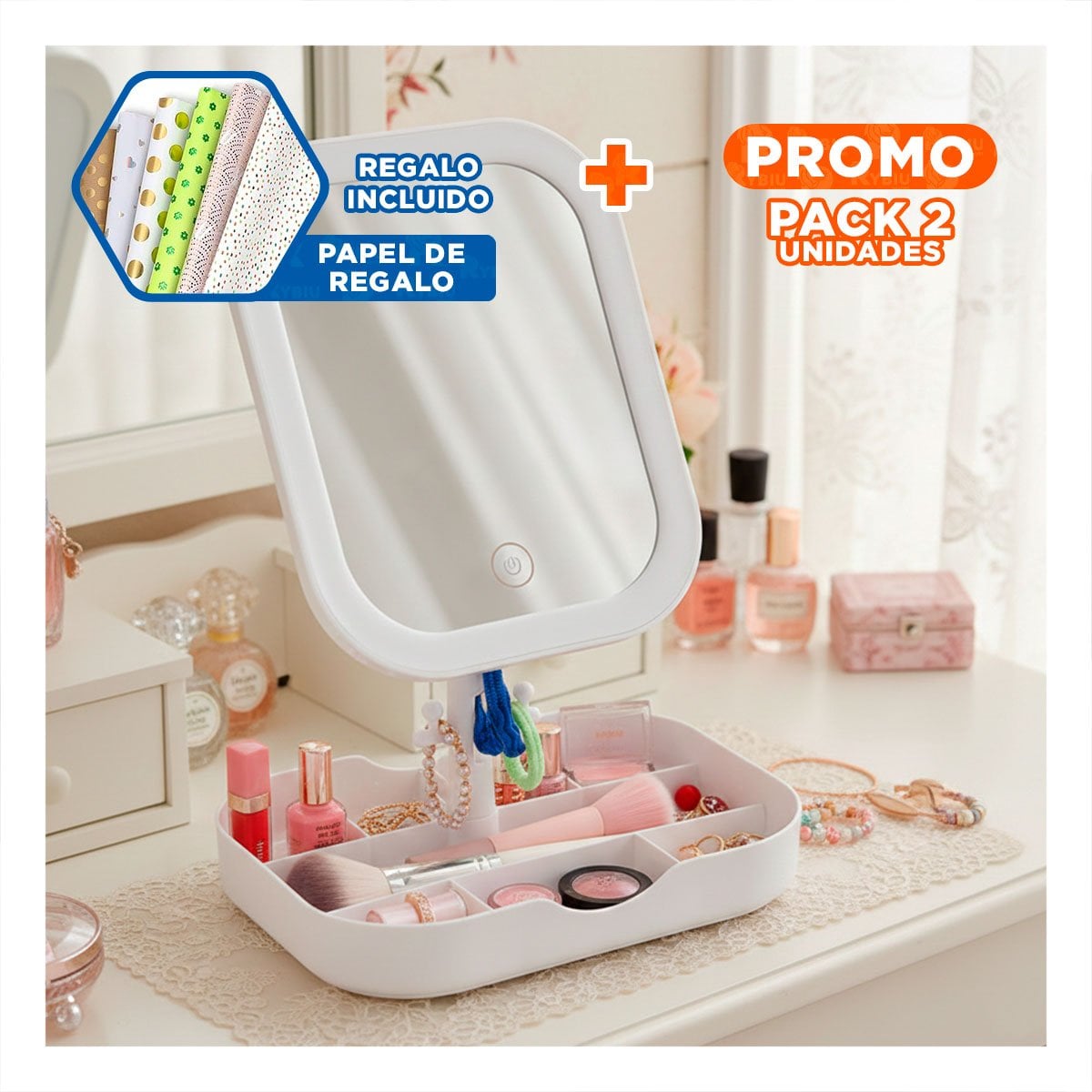 PACK2 MODULO DE BELLEZA LED CUADRADO BLANCO CON COMPARTIMENTOS PRACTICOS Y+PAPEL REGALO - 1