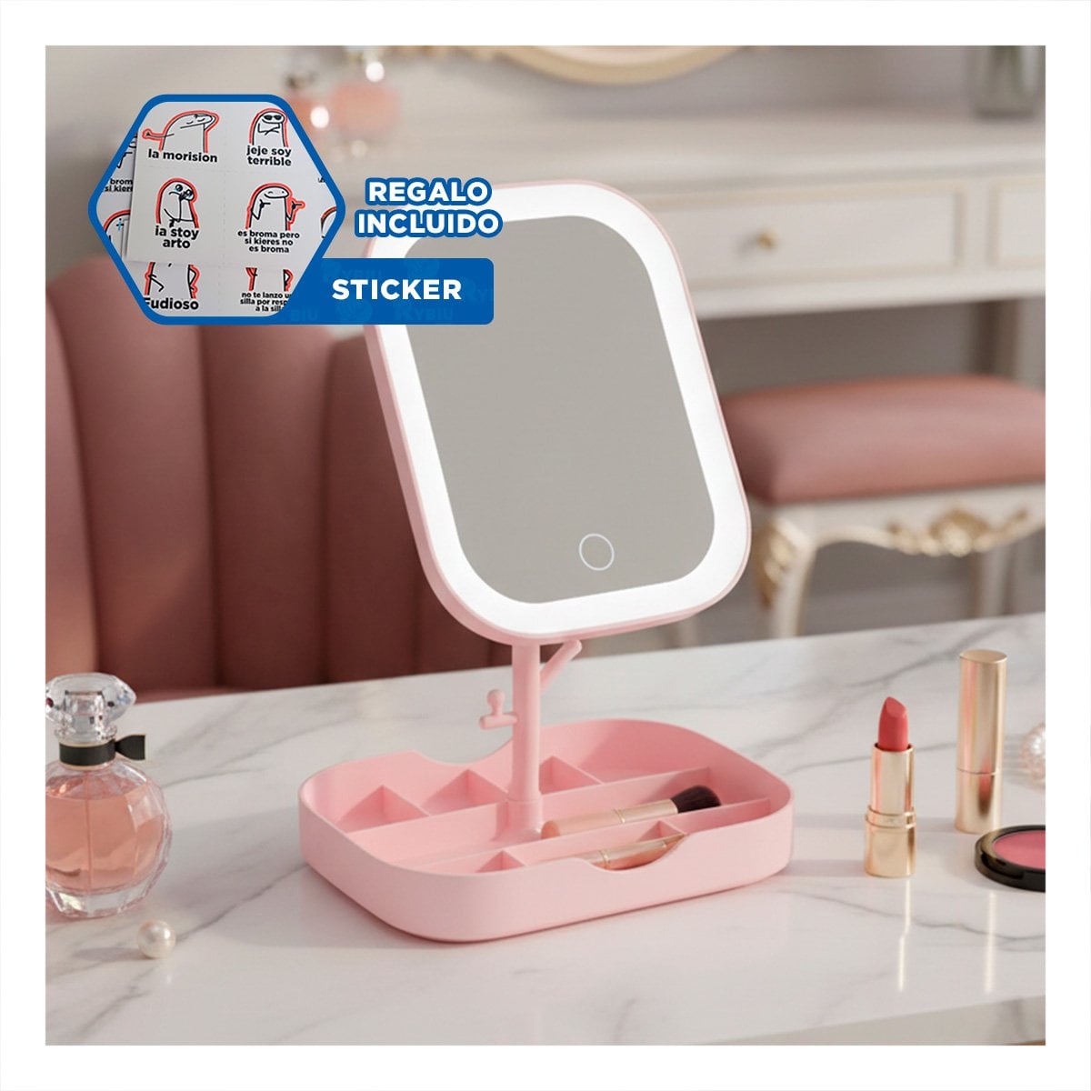 BASE DE BELLEZA CON ESPEJO LED CUADRADO ROSADO Y COMPARTIMENTOS Y+REGALO STICKER - 1