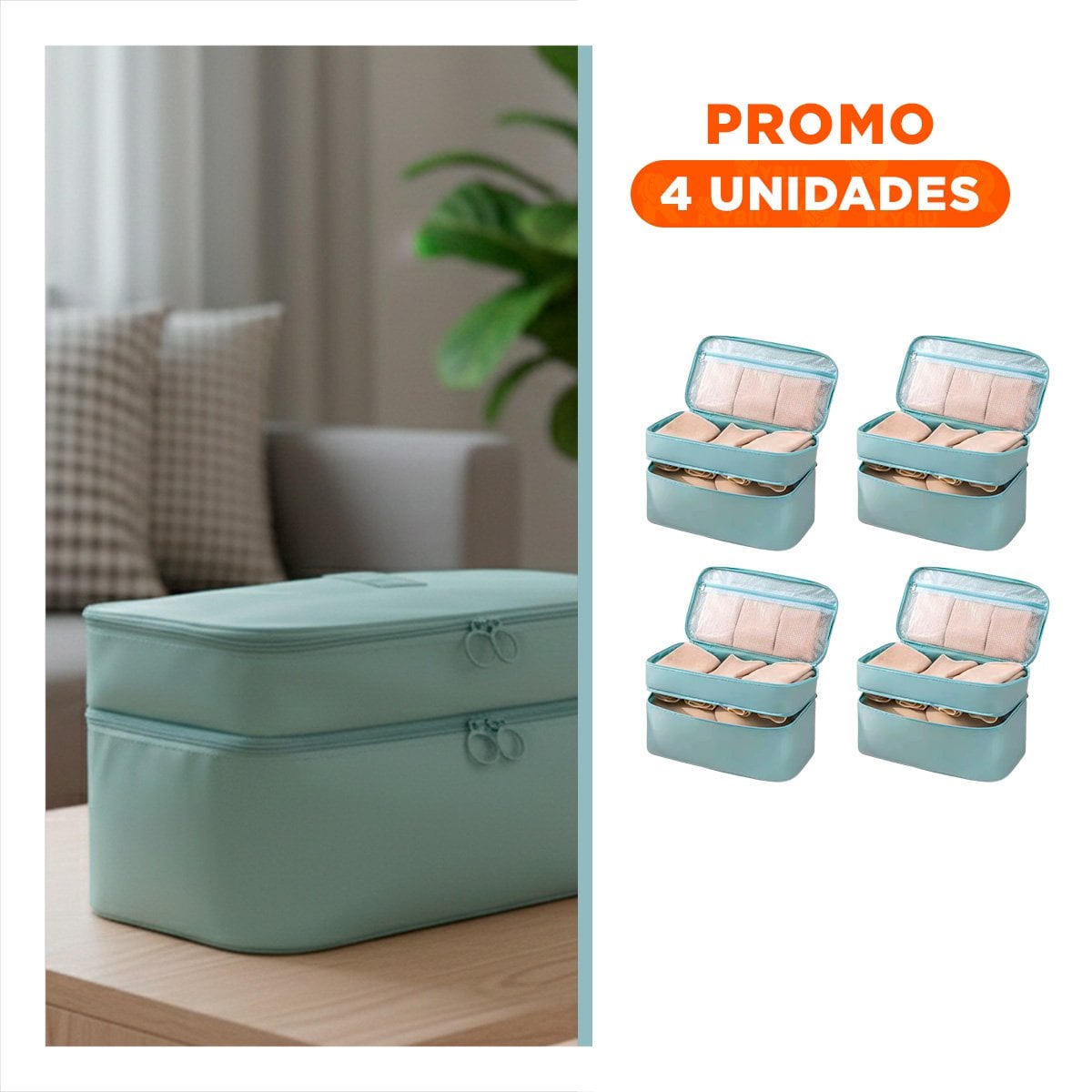 PACK4 PORTA MAQUILLAJE PRACTICO 4 ESPACIOS 30X16X17CM CELESTE Y+REGALO STICKER - 1