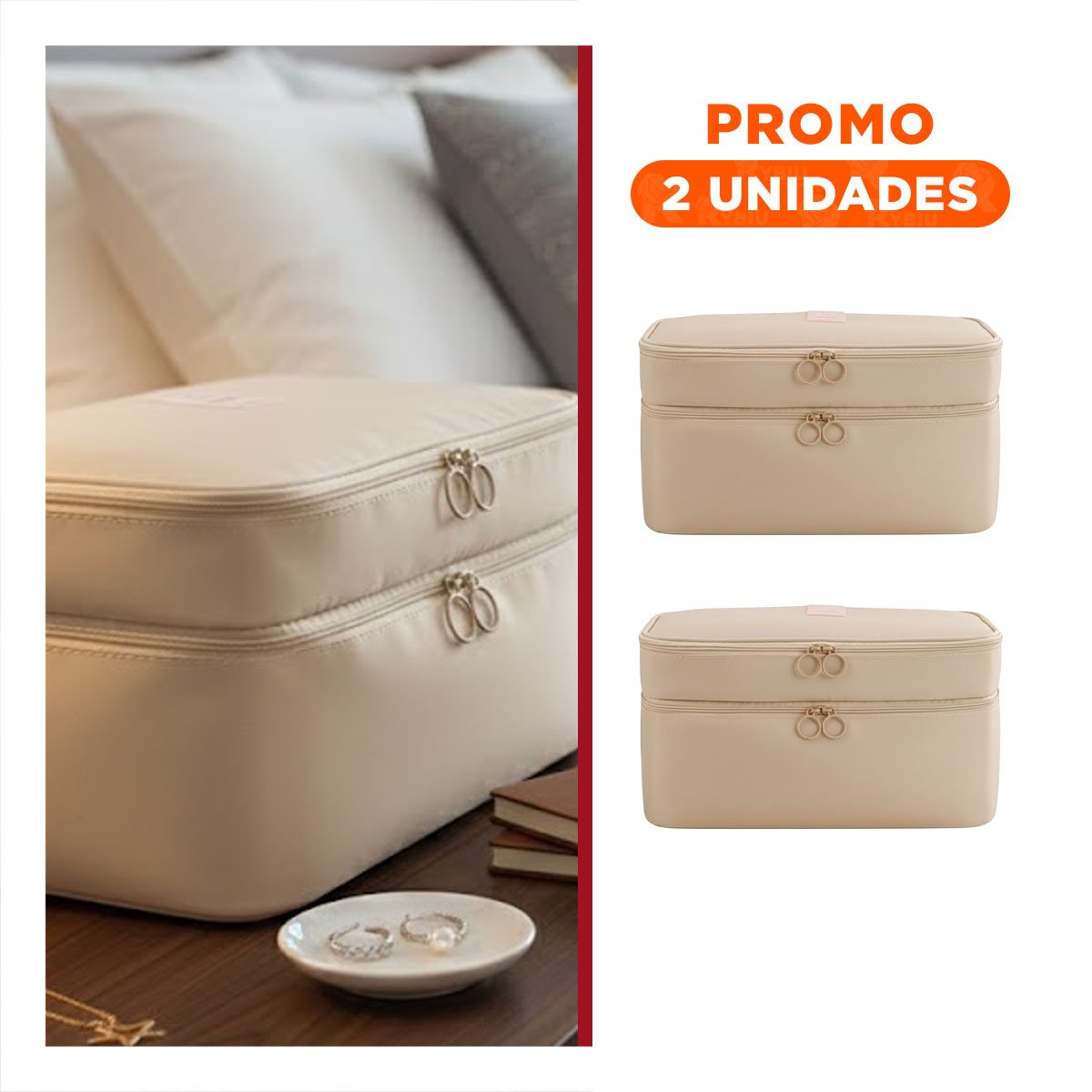 PACK2 PORTA COSMETICOS DE VIAJE 4 ESPACIOS 30X16X17CM BEIGE - 1