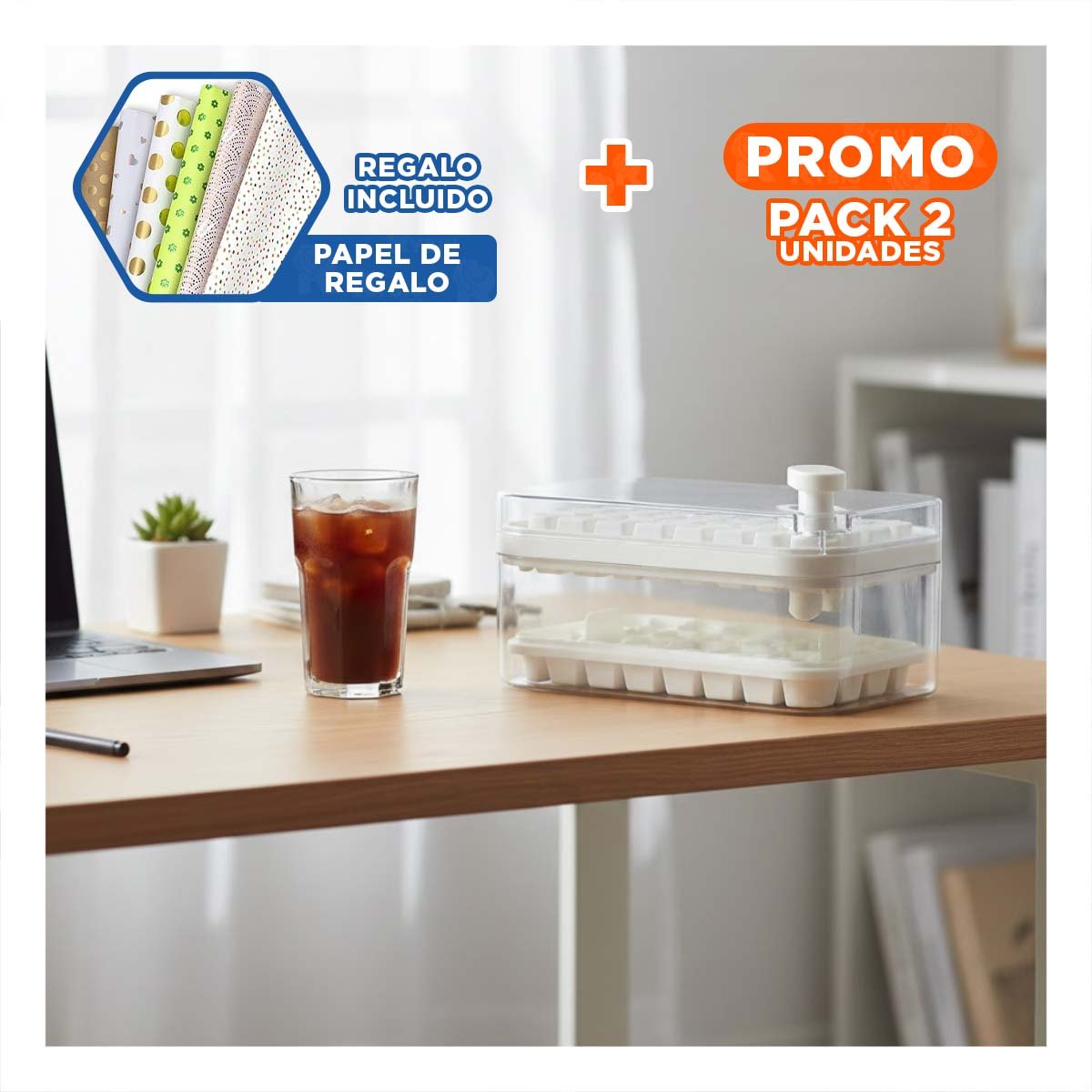 PACK2 CONTENEDOR BLANCO PARA CUBOS DE HIELO CON PRACTICO CLIC Y+PAPEL REGALO - 1