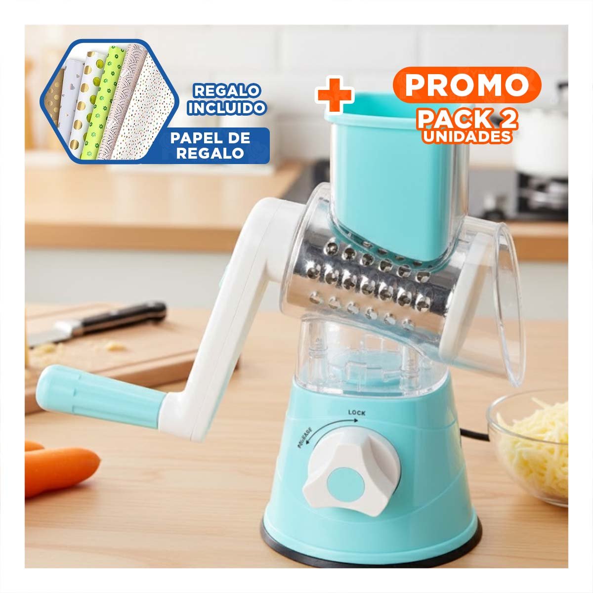 PACK2 ACCESORIO FUNCIONAL CON RECIPIENTE 1000 ML PARA COCINA CELESTE Y+PAPEL REGALO - 1
