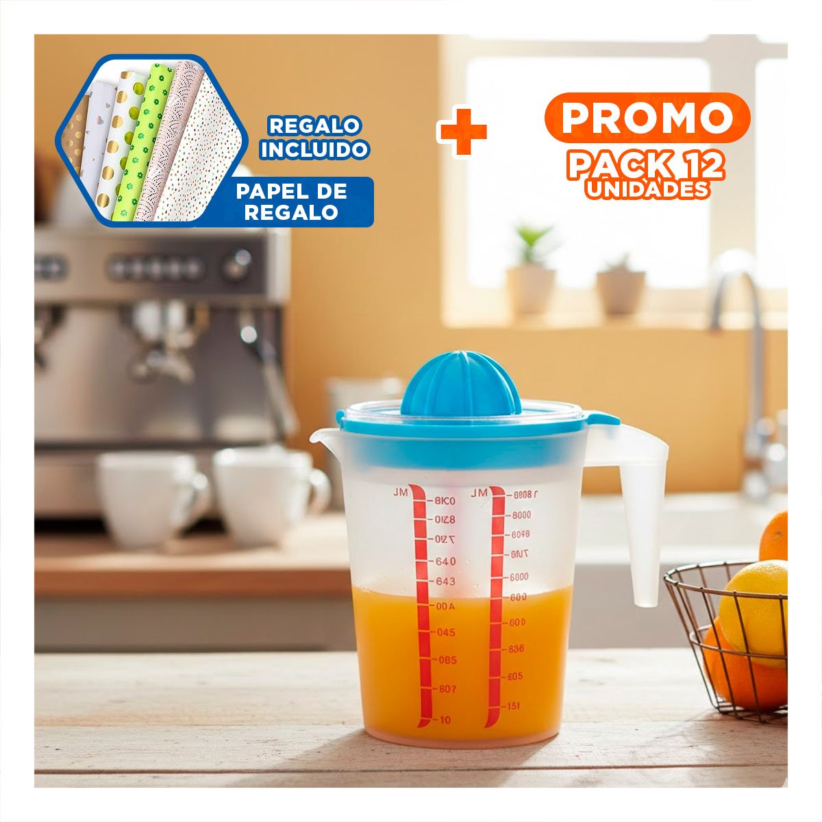 PACK12 DISPOSITIVO PRACTICO PARA JUGO NATURAL DE NARANJA CELESTE Y+PAPEL REGALO - 1