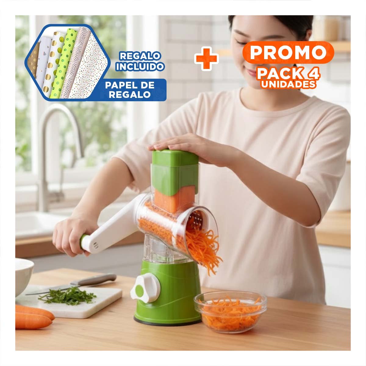 PACK4 HERRAMIENTA DE COCINA CON DEPOSITO 1000 ML COLOR CELESTE Y+PAPEL REGALO - 1