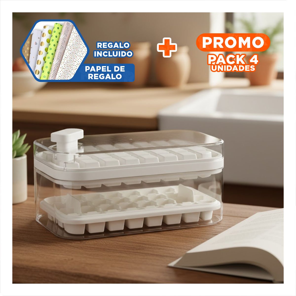 PACK4 CONTENEDOR COMPACTO BLANCO PARA PREPARAR HIELO DIARIO Y+PAPEL REGALO - 1