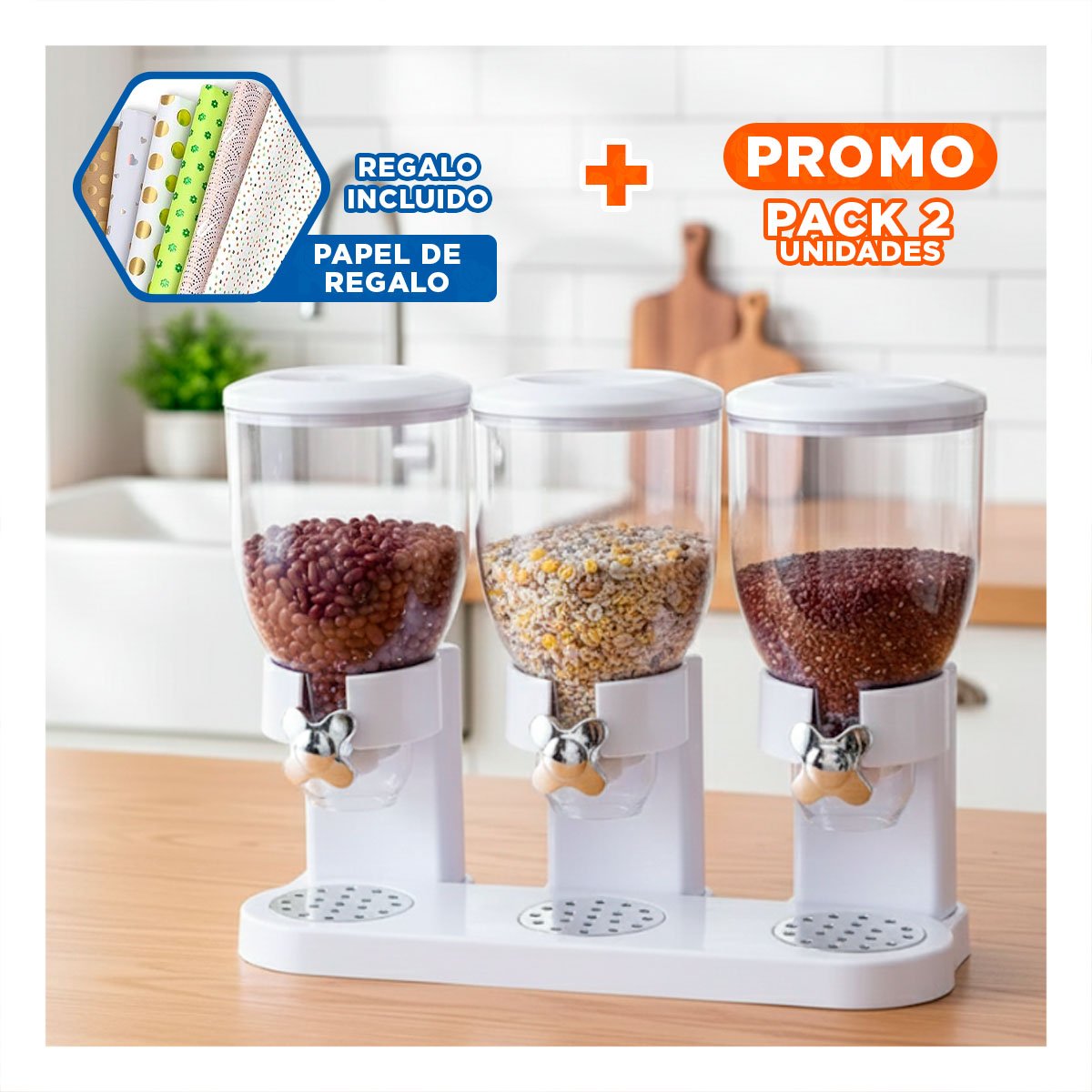 PACK2 SILO DOBLE DE GRANOS 2L NEGRO COMPACTO Y UTIL PARA ALMACENAR GRANOS Y+PAPEL REGALO - 1