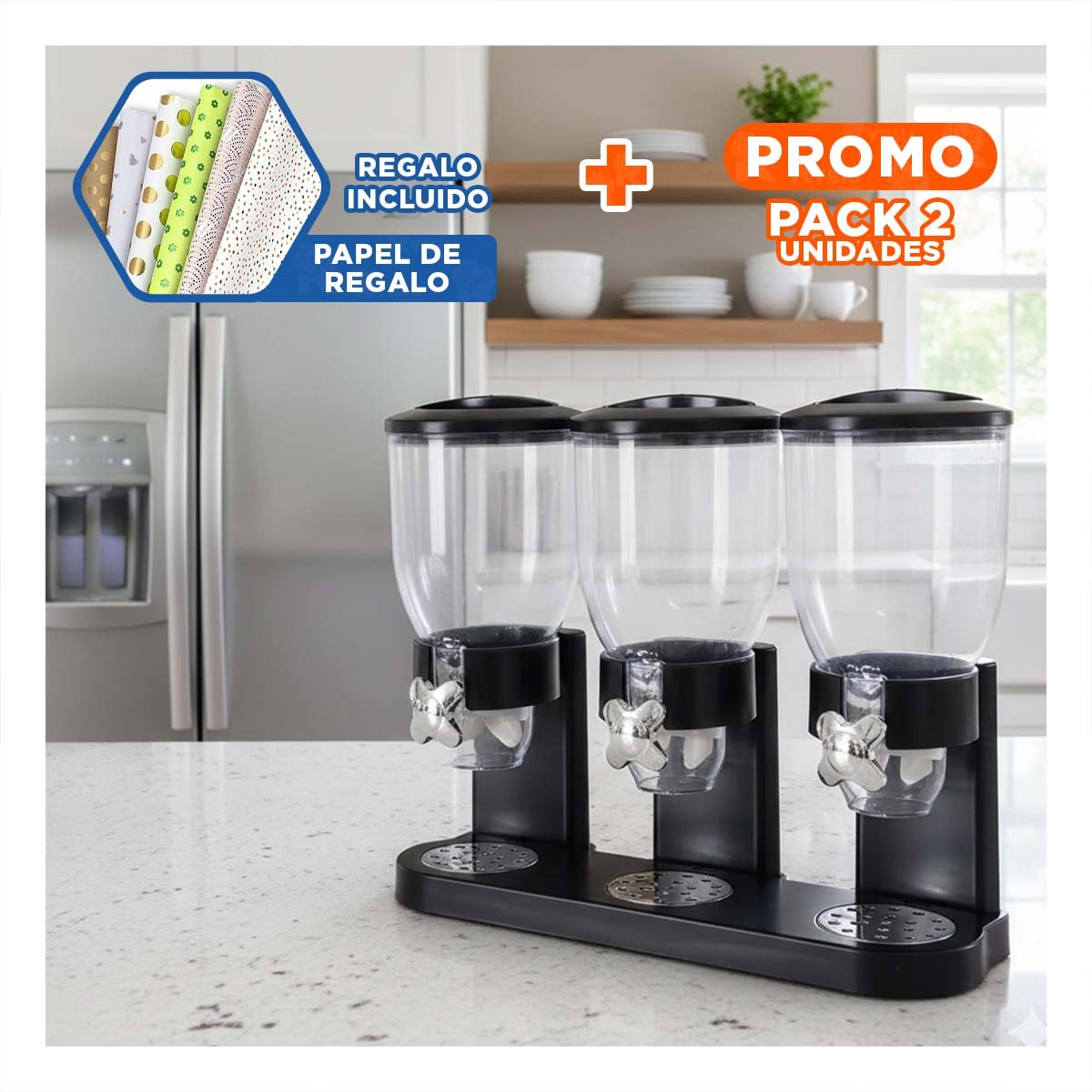 PACK2 SILO DOBLE DE GRANOS 2L NEGRO COMPACTO Y UTIL PARA ALMACENAR GRANOS Y+PAPEL REGALO - 1
