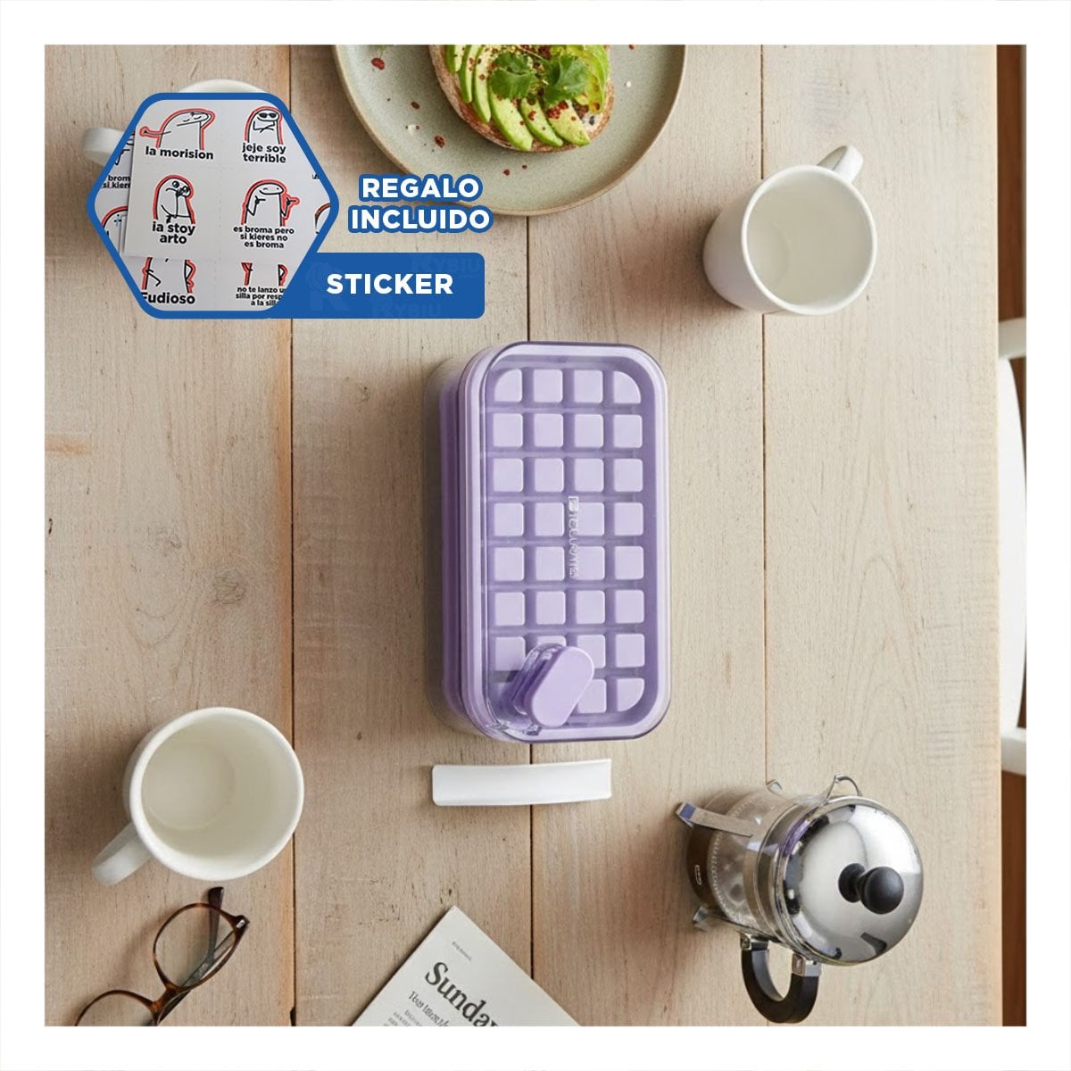 RECIPIENTE DOBLE MORADO PARA HIELO CON FACIL DESMOLDE Y+REGALO STICKER - 1