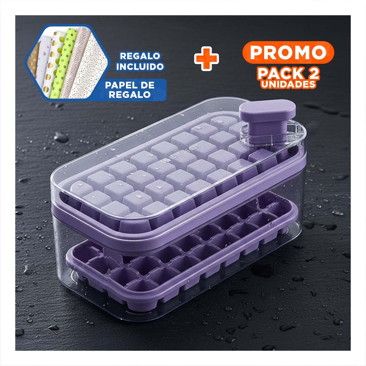 PACK2 CONTENEDOR MORADO PARA CUBOS DE HIELO CON PRACTICO CLIC Y+PAPEL REGALO - 1