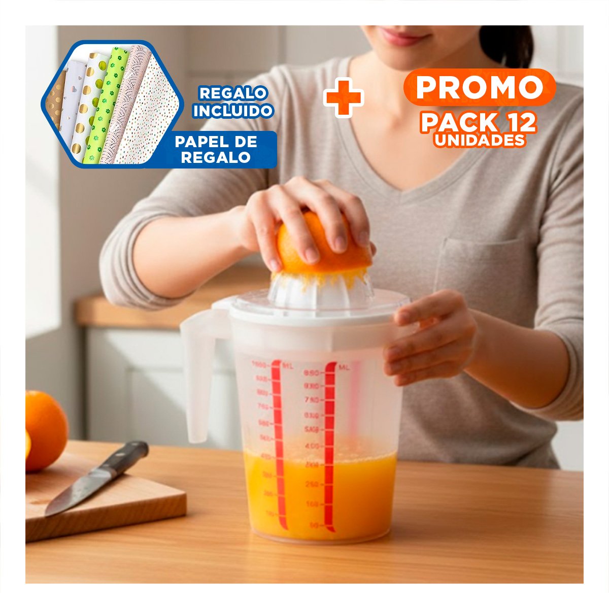 PACK12 DISPOSITIVO PRACTICO PARA JUGO NATURAL DE NARANJA CELESTE Y+PAPEL REGALO - 1