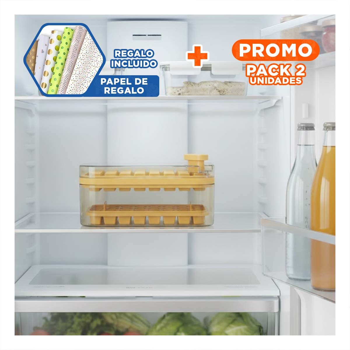 PACK2 CONTENEDOR BLANCO PARA CUBOS DE HIELO CON PRACTICO CLIC Y+PAPEL REGALO - 1