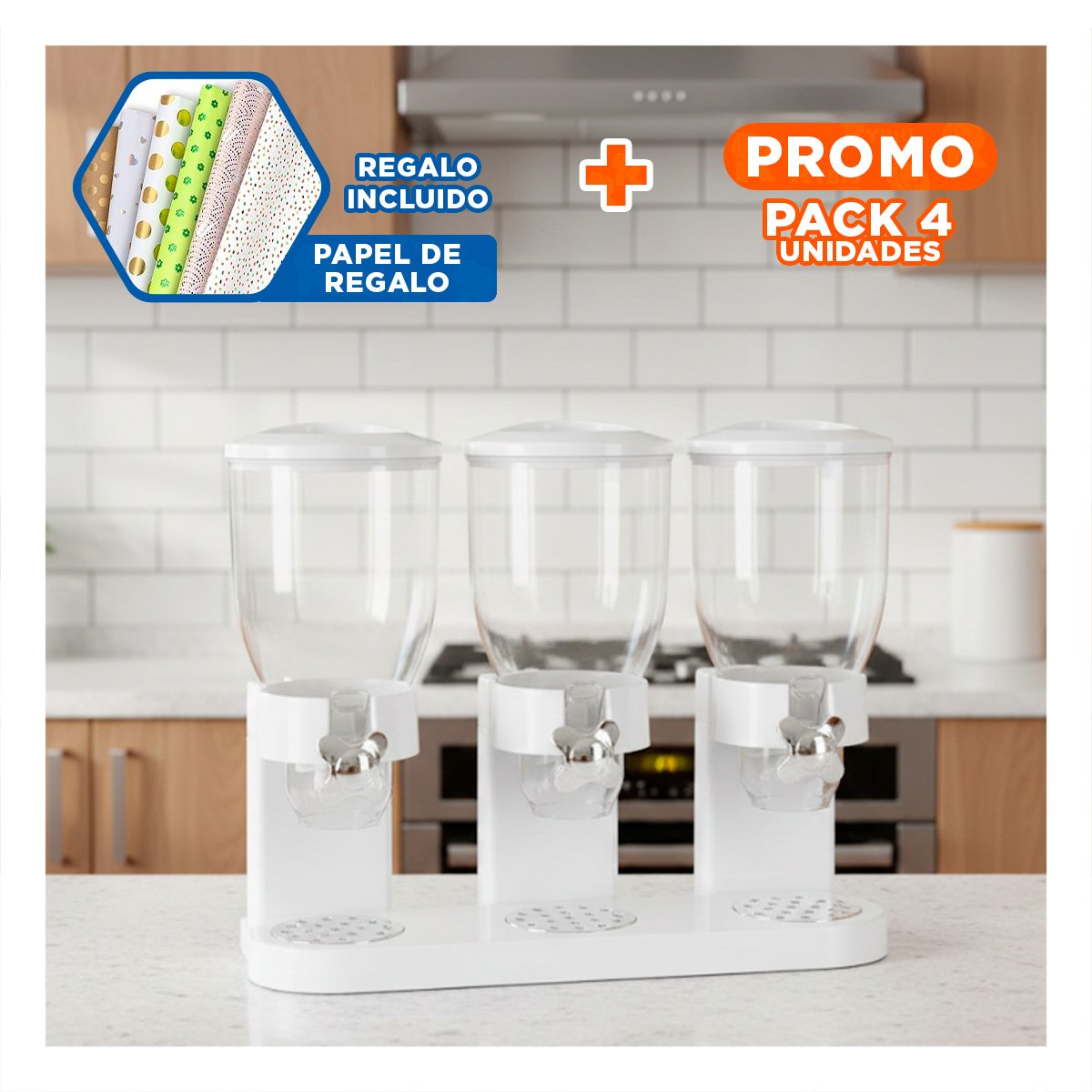 PACK4 DISTRIBUIDOR DOBLE DE GRANOS 2L NEGRO MODERNO Y PRACTICO PARA HOGAR Y+PAPEL REGALO - 1