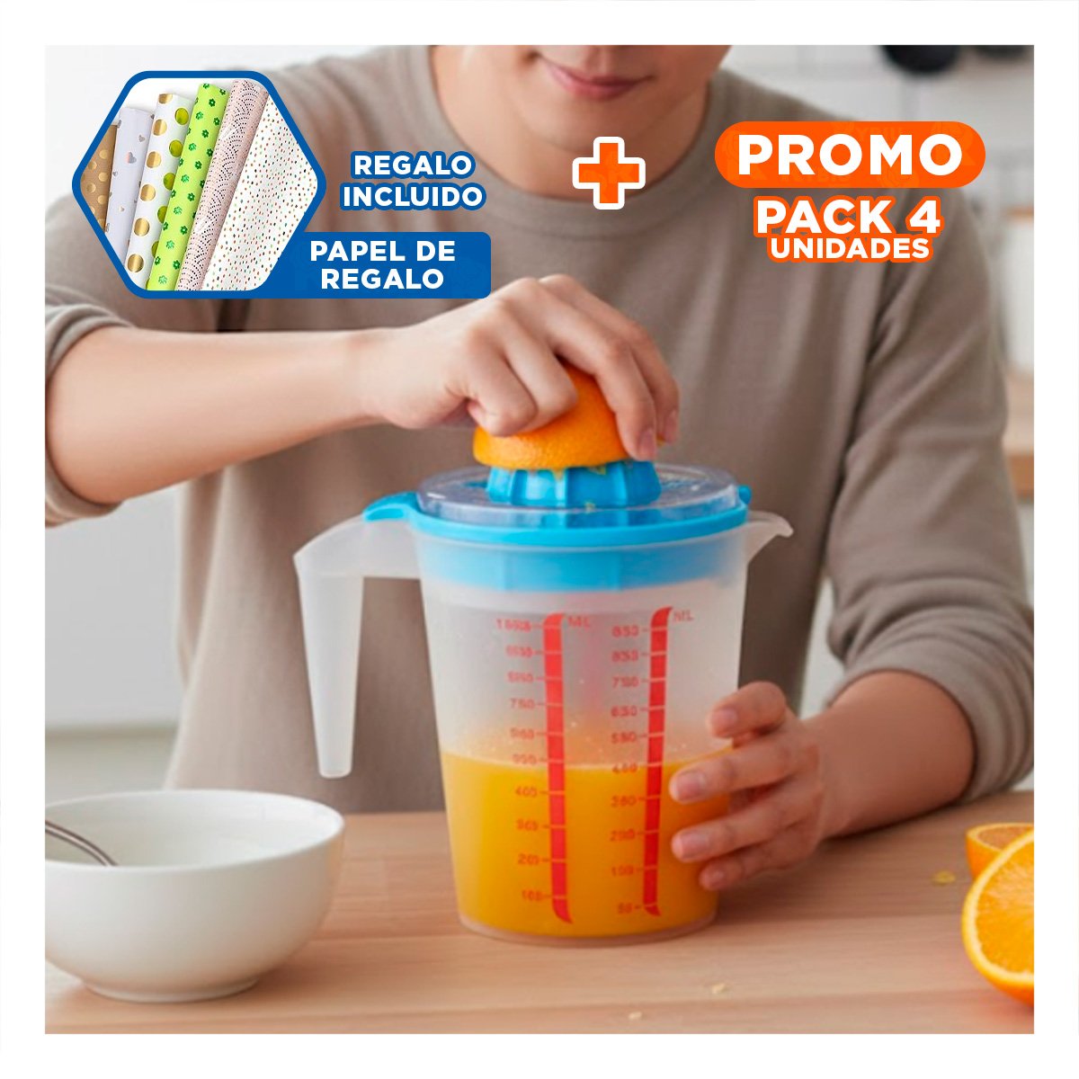 PACK4 HERRAMIENTA DE COCINA CON DEPOSITO 1000 ML COLOR CELESTE Y+PAPEL REGALO - 1
