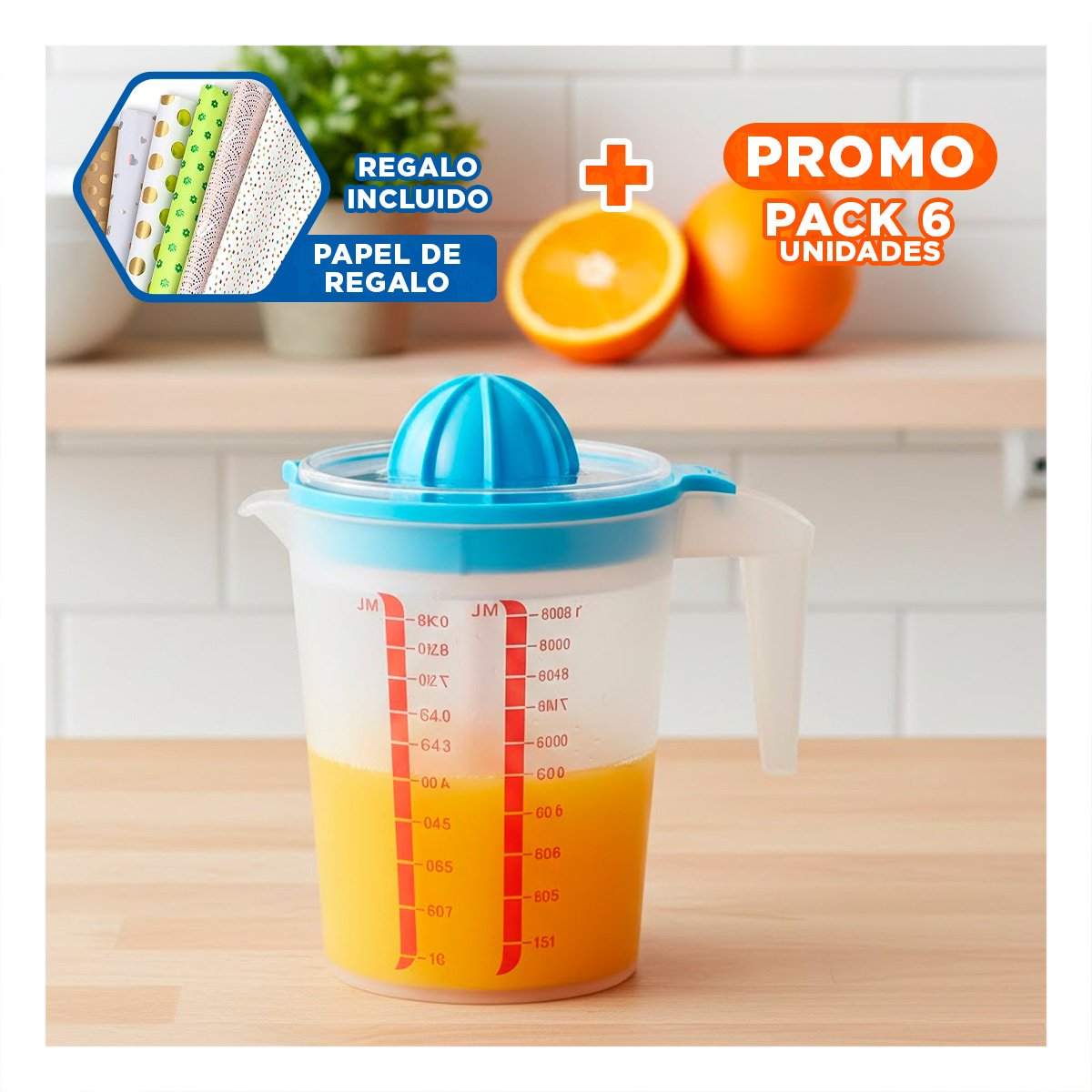 PACK6 HERRAMIENTA FUNCIONAL PARA PREPARAR JUGO CASERO CELESTE Y+PAPEL REGALO - 1