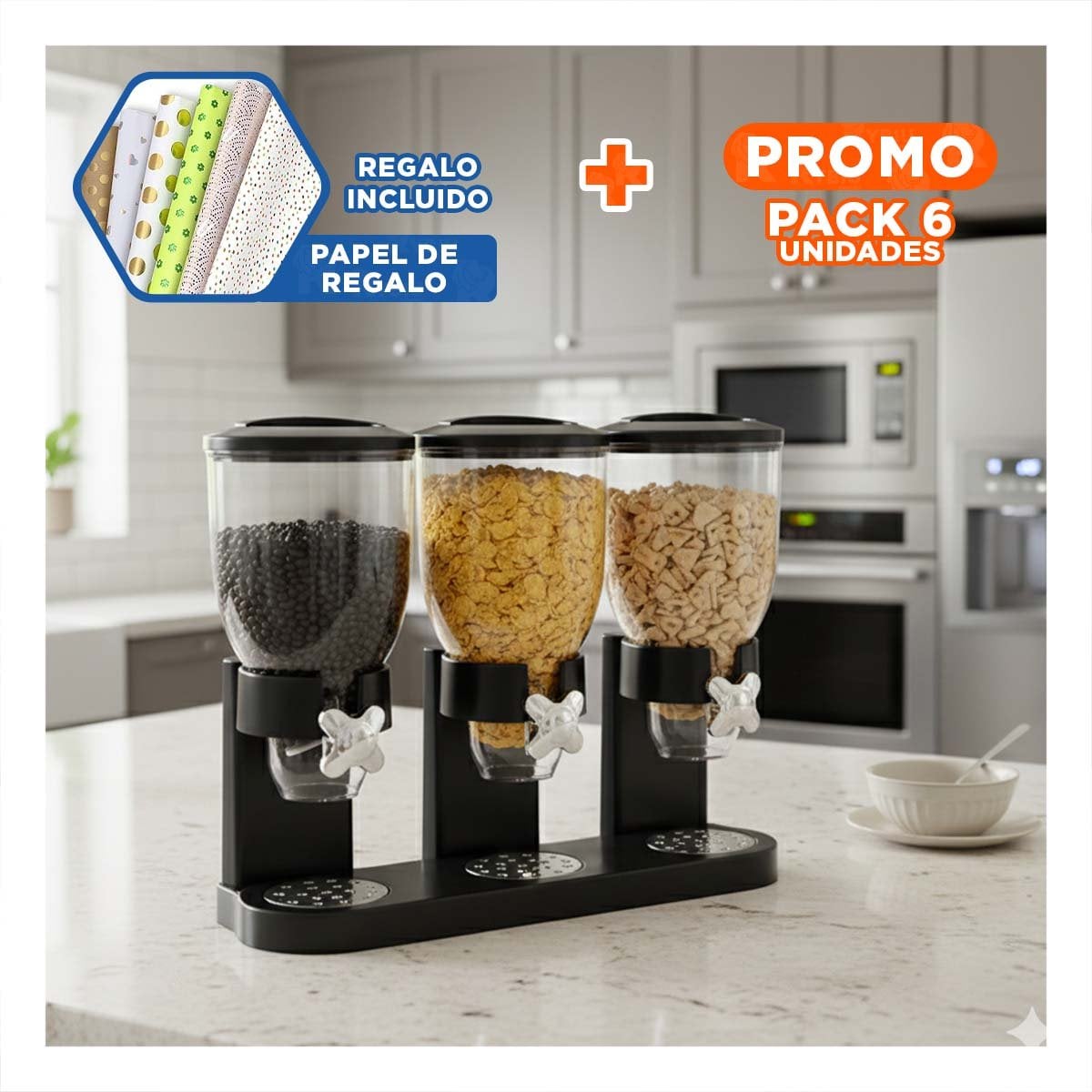 PACK6 ENVASE DOBLE DE GRANOS 2L NEGRO DURADERO Y PRACTICO PARA DESPENSA Y+PAPEL REGALO - 1